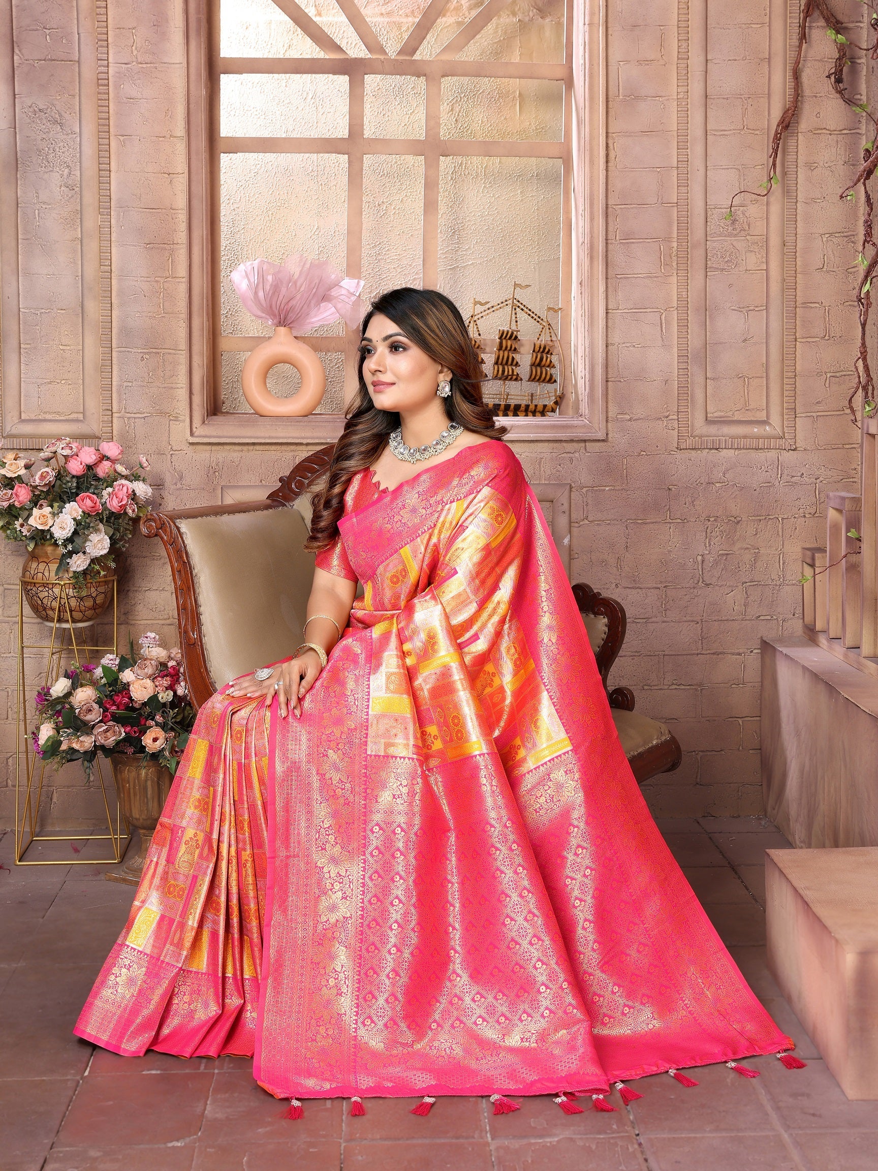 Vedant Vastram Soft Litchi Silk Kanjeevaram Silk Saree - Mustard