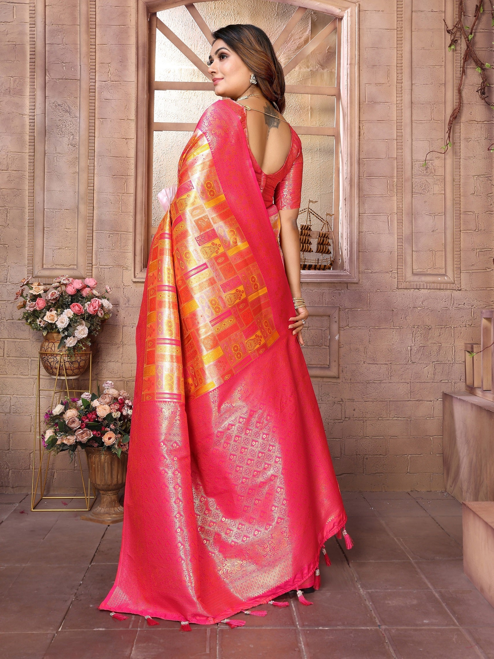 Vedant Vastram Soft Litchi Silk Kanjeevaram Silk Saree - Mustard