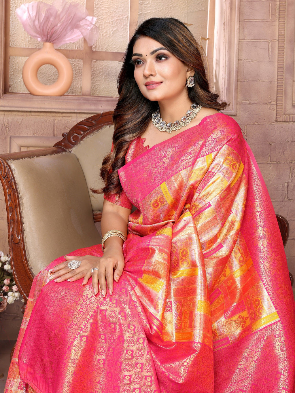 Vedant Vastram Soft Litchi Silk Kanjeevaram Silk Saree - Mustard