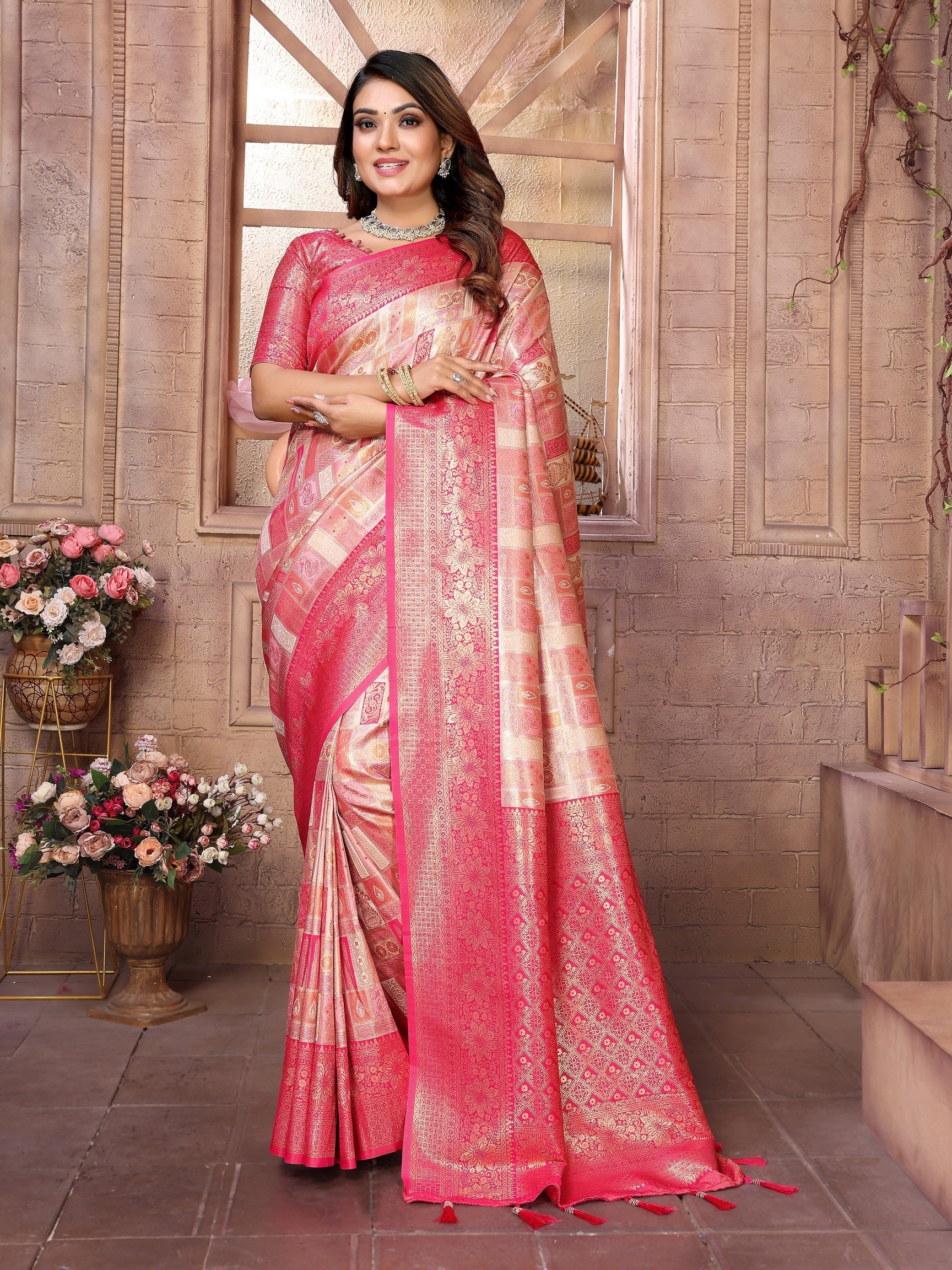 Vedant Vastram Soft Litchi Silk Kanjeevaram Silk Saree - Pink