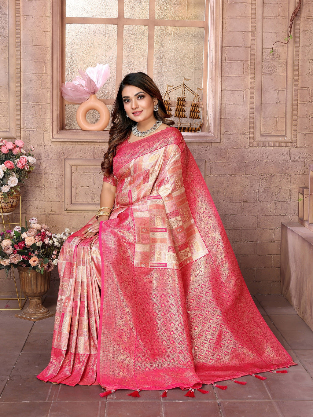 Vedant Vastram Soft Litchi Silk Kanjeevaram Silk Saree - Pink