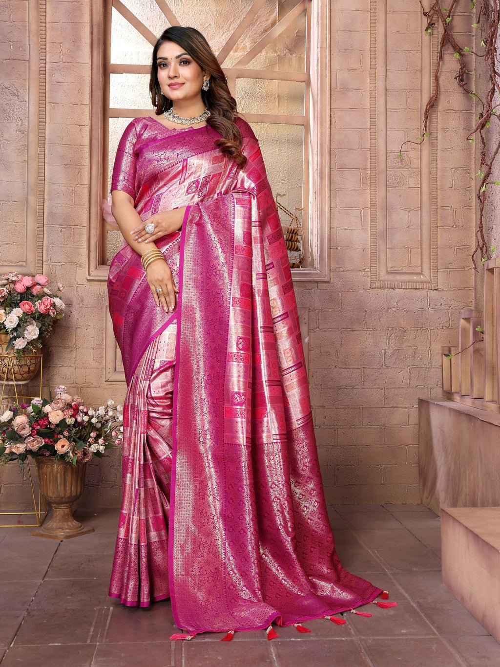 Vedant Vastram Soft Litchi Silk Kanjeevaram Silk Saree - Purple