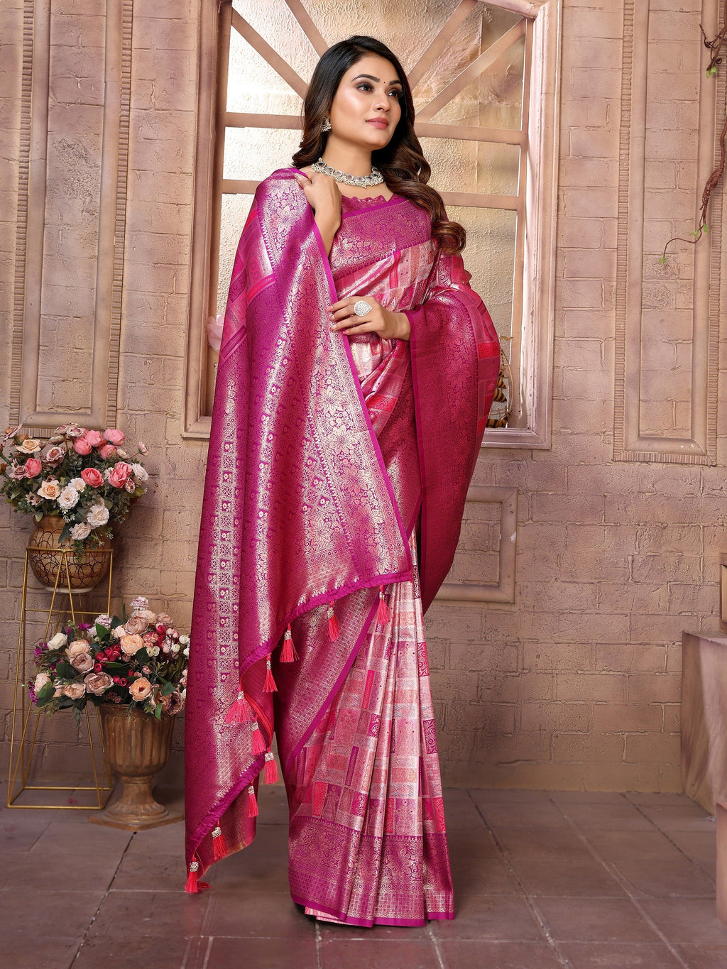 Vedant Vastram Soft Litchi Silk Kanjeevaram Silk Saree - Purple