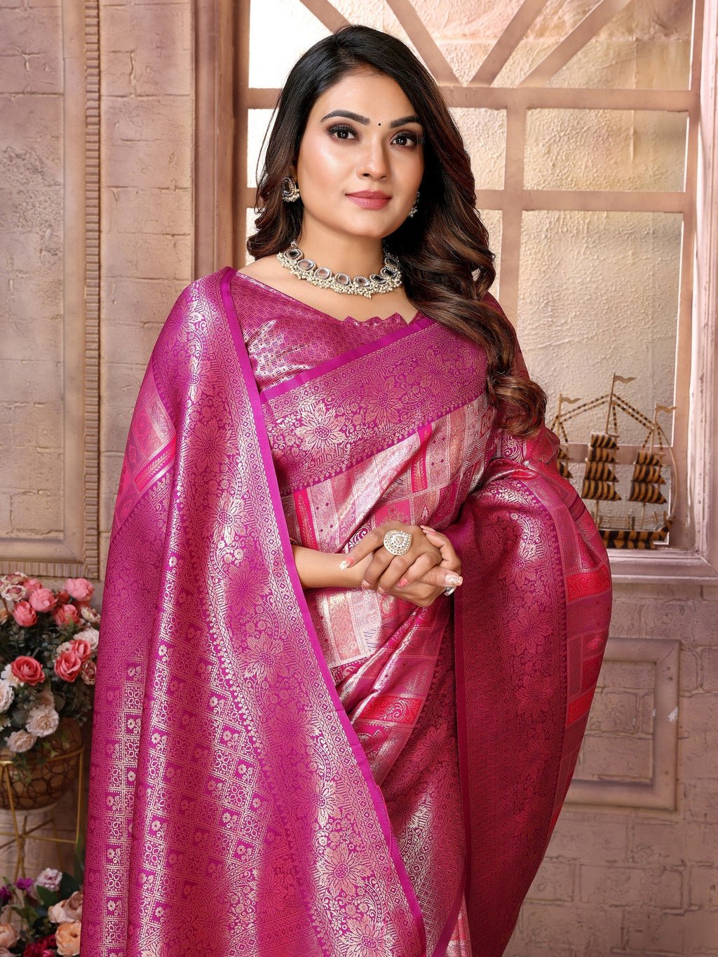 Vedant Vastram Soft Litchi Silk Kanjeevaram Silk Saree - Purple