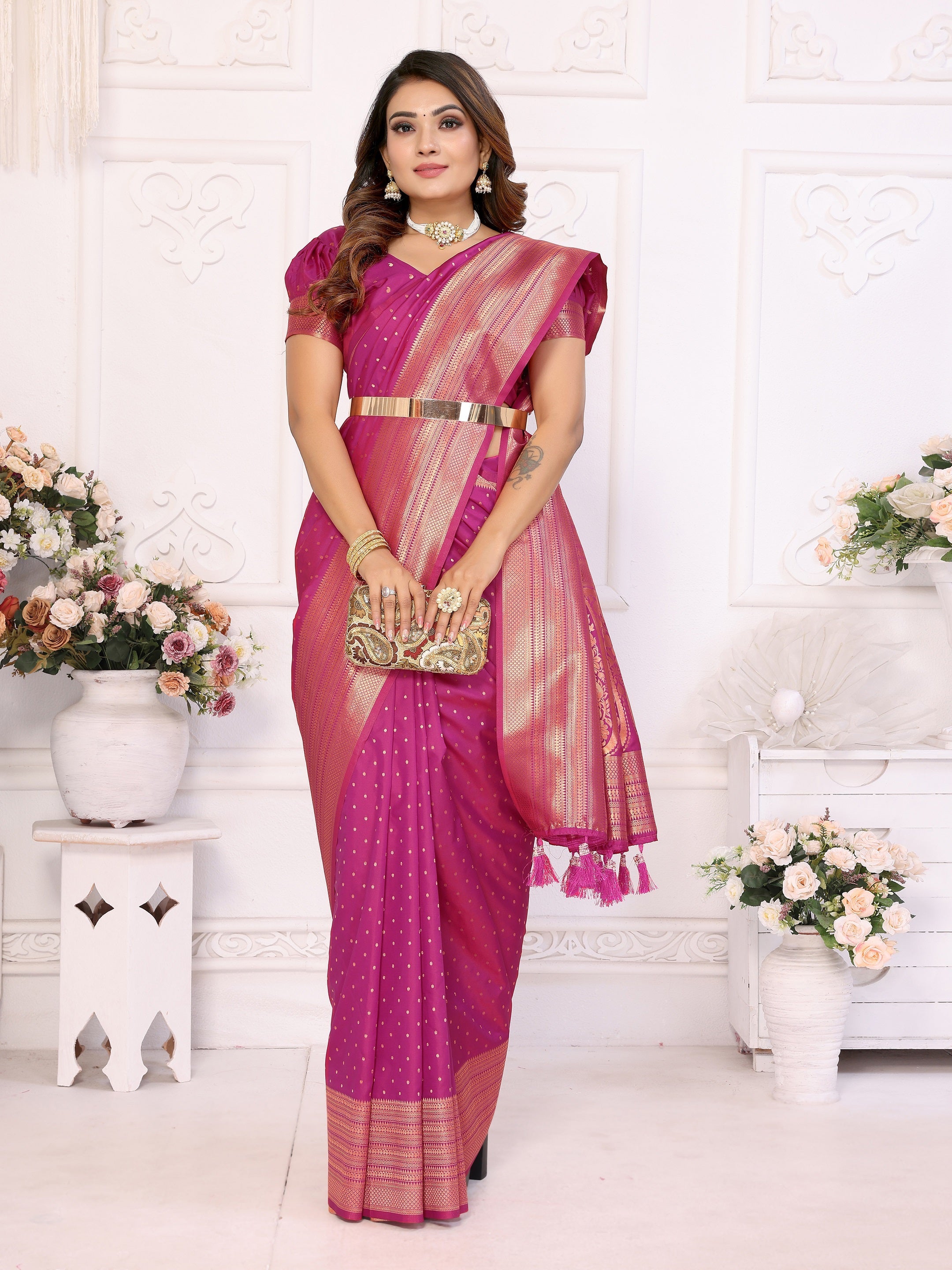 Vedant Vastram Soft Litchi Silk Banarasi Silk Saree - Magenta