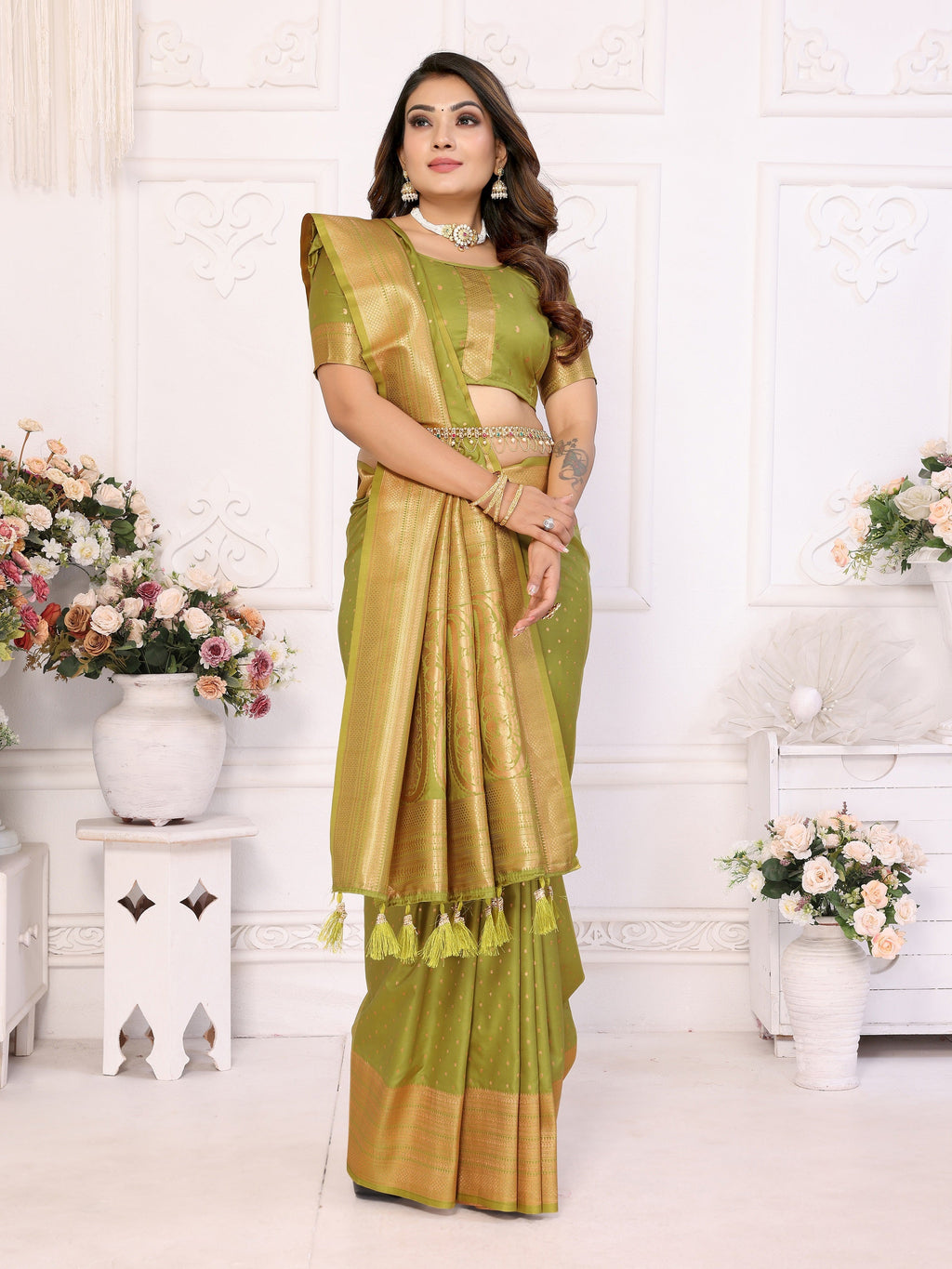 Vedant Vastram Soft Litchi Silk Banarasi Silk Saree - Mahendi