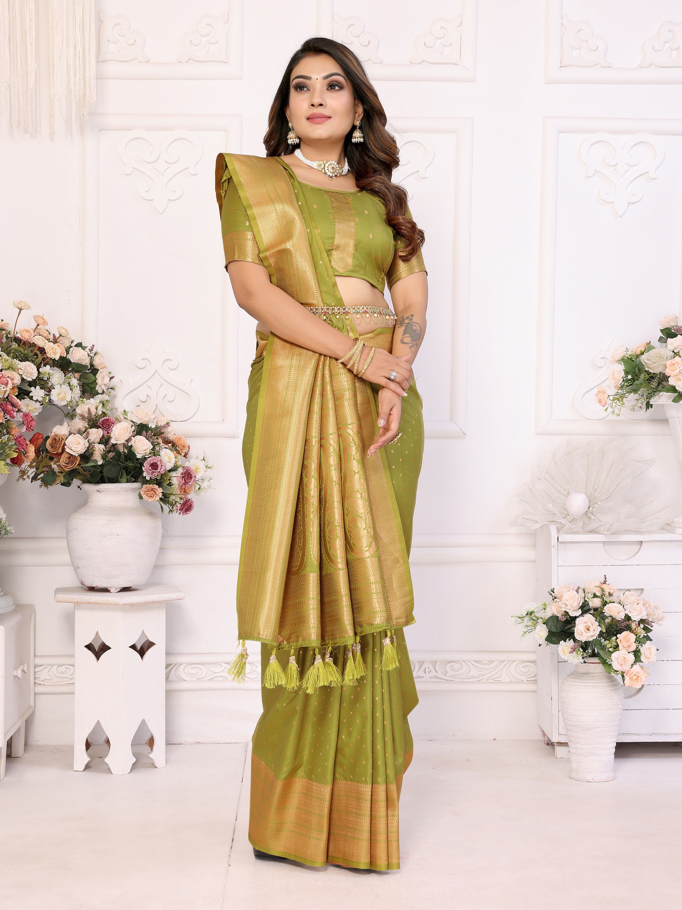 Vedant Vastram Soft Litchi Silk Banarasi Silk Saree - Mahendi