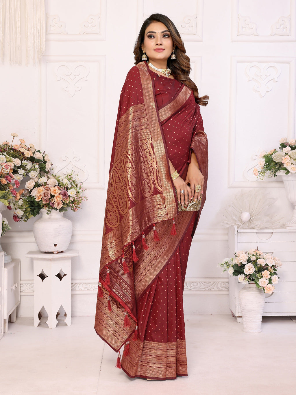 Vedant Vastram Soft Litchi Silk Banarasi Silk Saree - Maroon