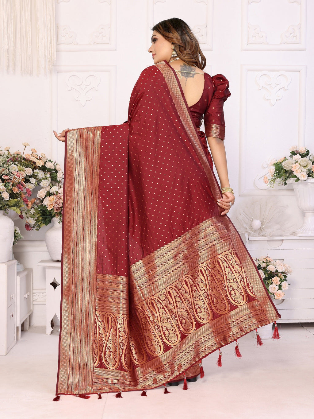Vedant Vastram Soft Litchi Silk Banarasi Silk Saree - Maroon