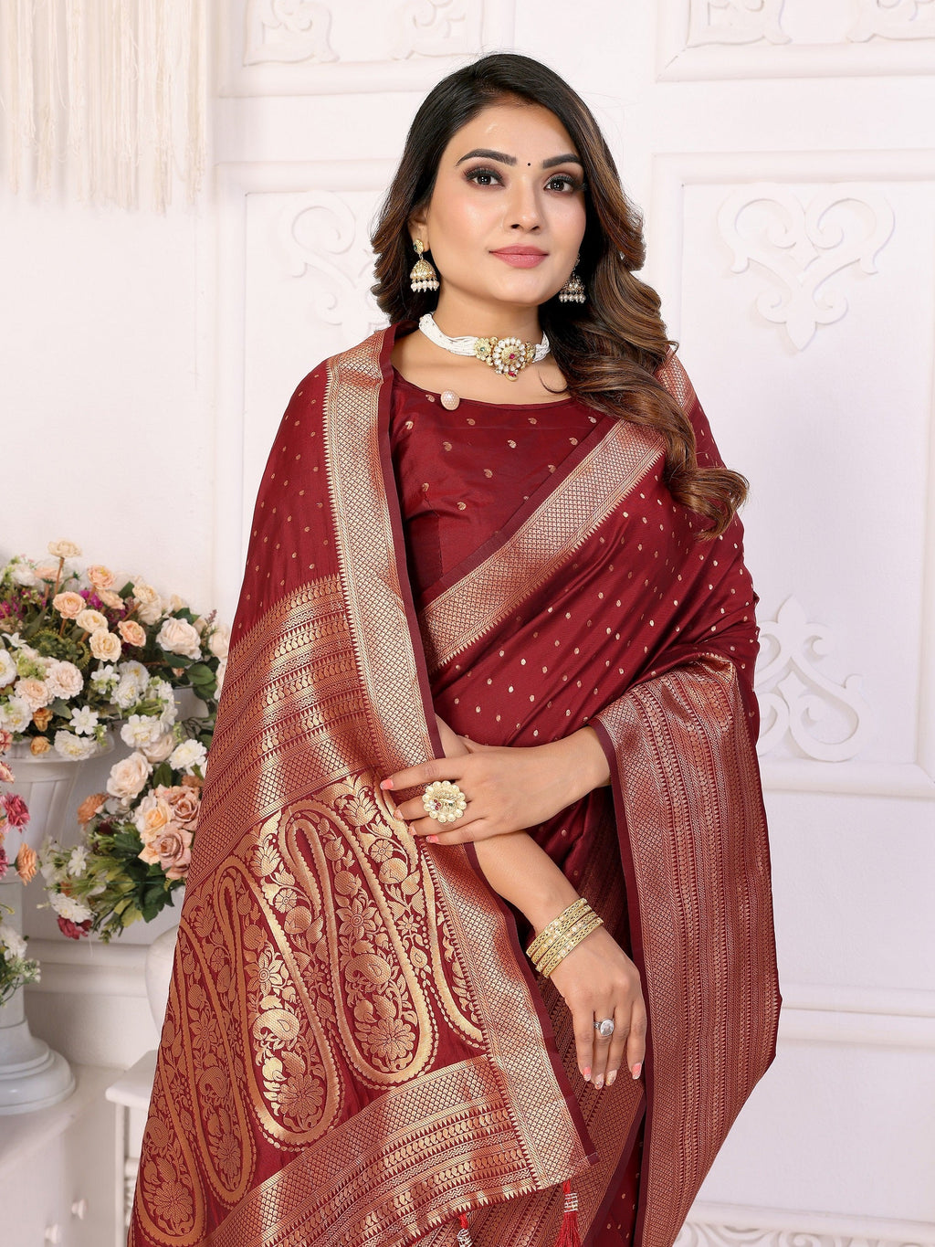 Vedant Vastram Soft Litchi Silk Banarasi Silk Saree - Maroon