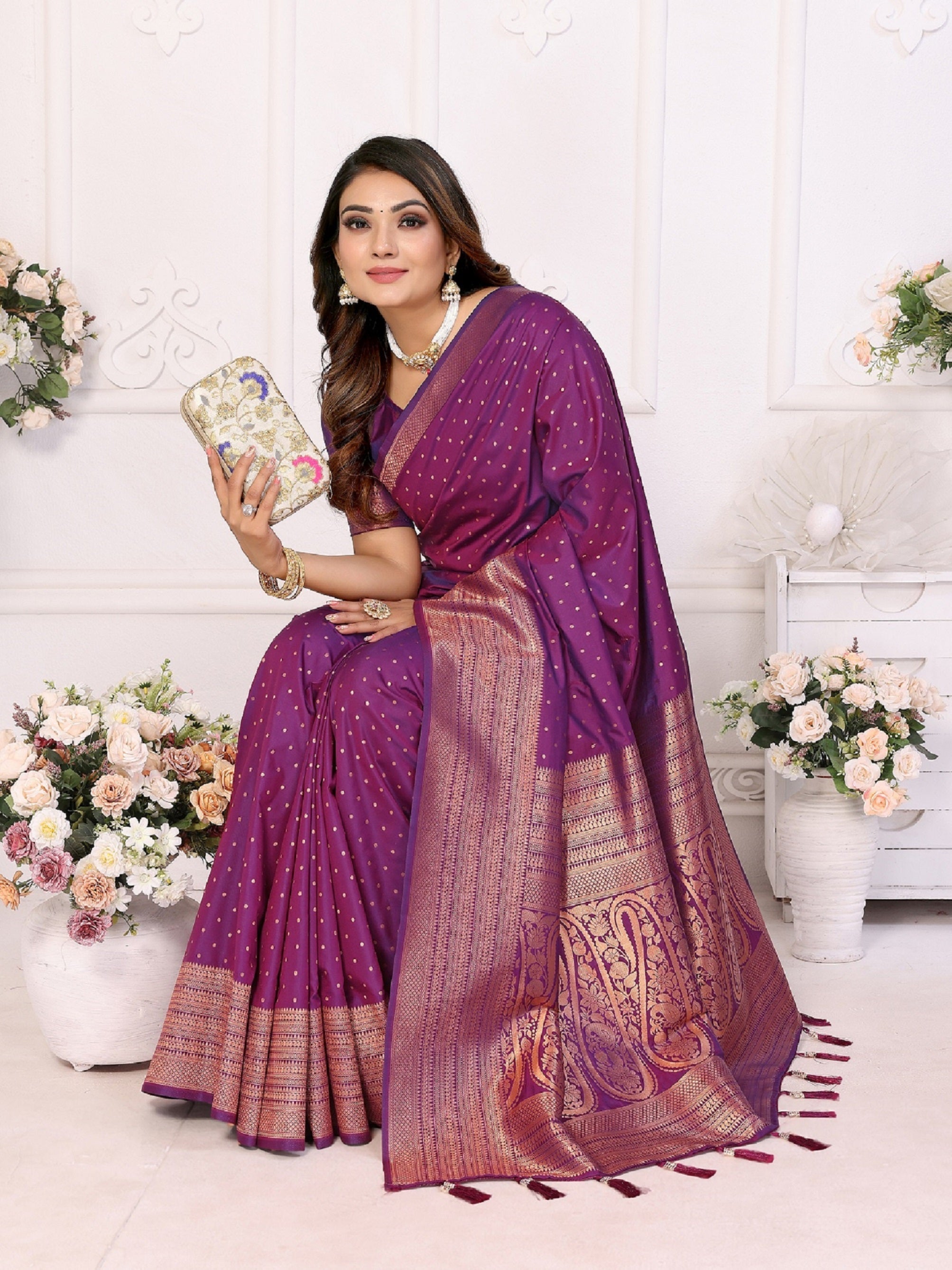 Vedant Vastram Soft Litchi Silk Banarasi Silk Saree - Purple