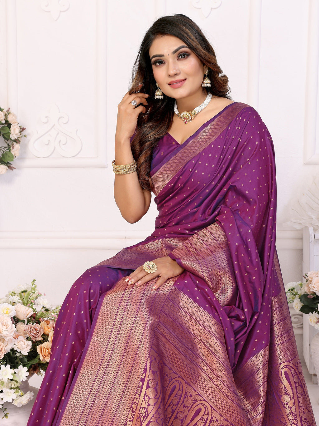 Vedant Vastram Soft Litchi Silk Banarasi Silk Saree - Purple