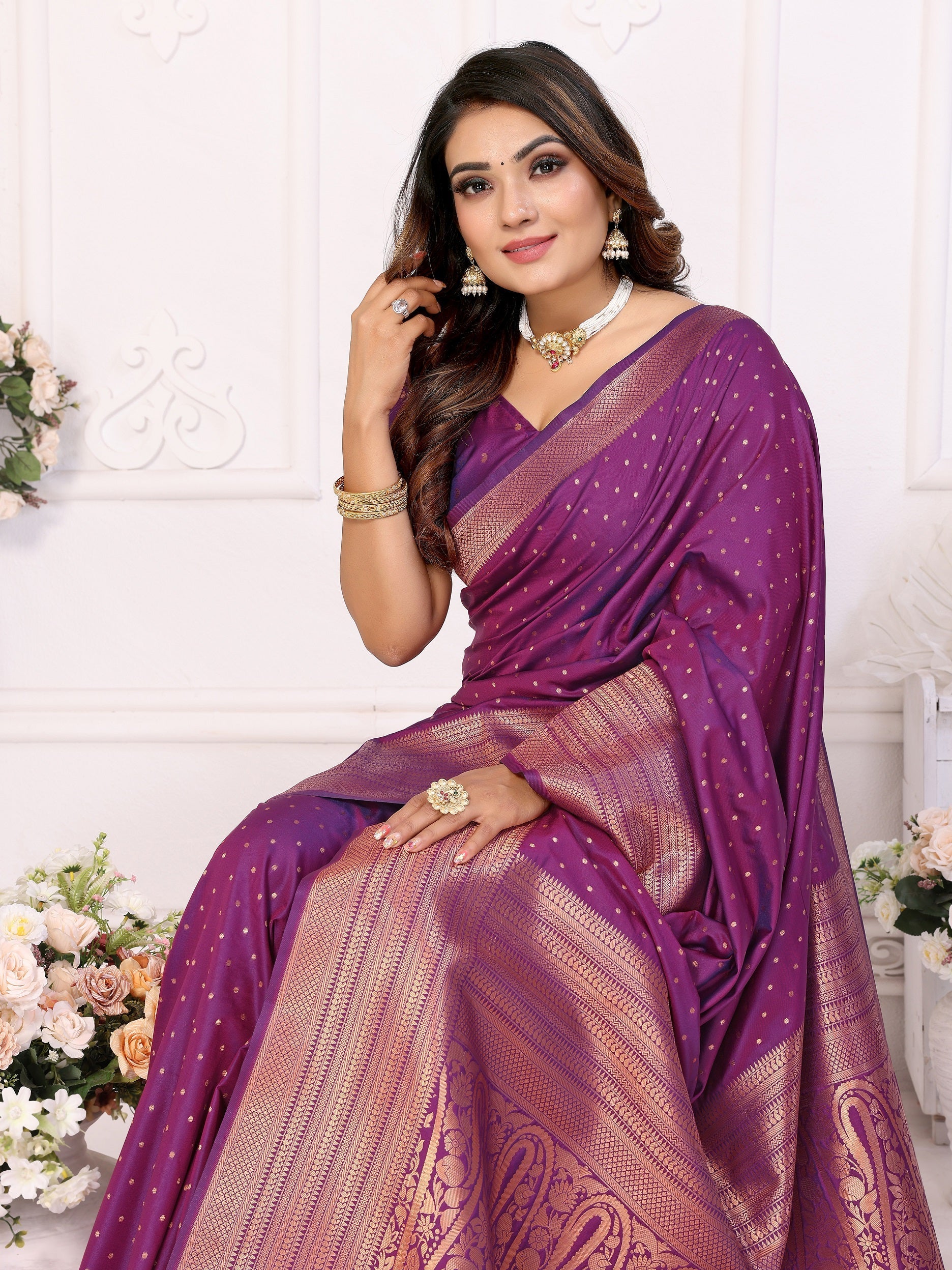Vedant Vastram Soft Litchi Silk Banarasi Silk Saree - Purple