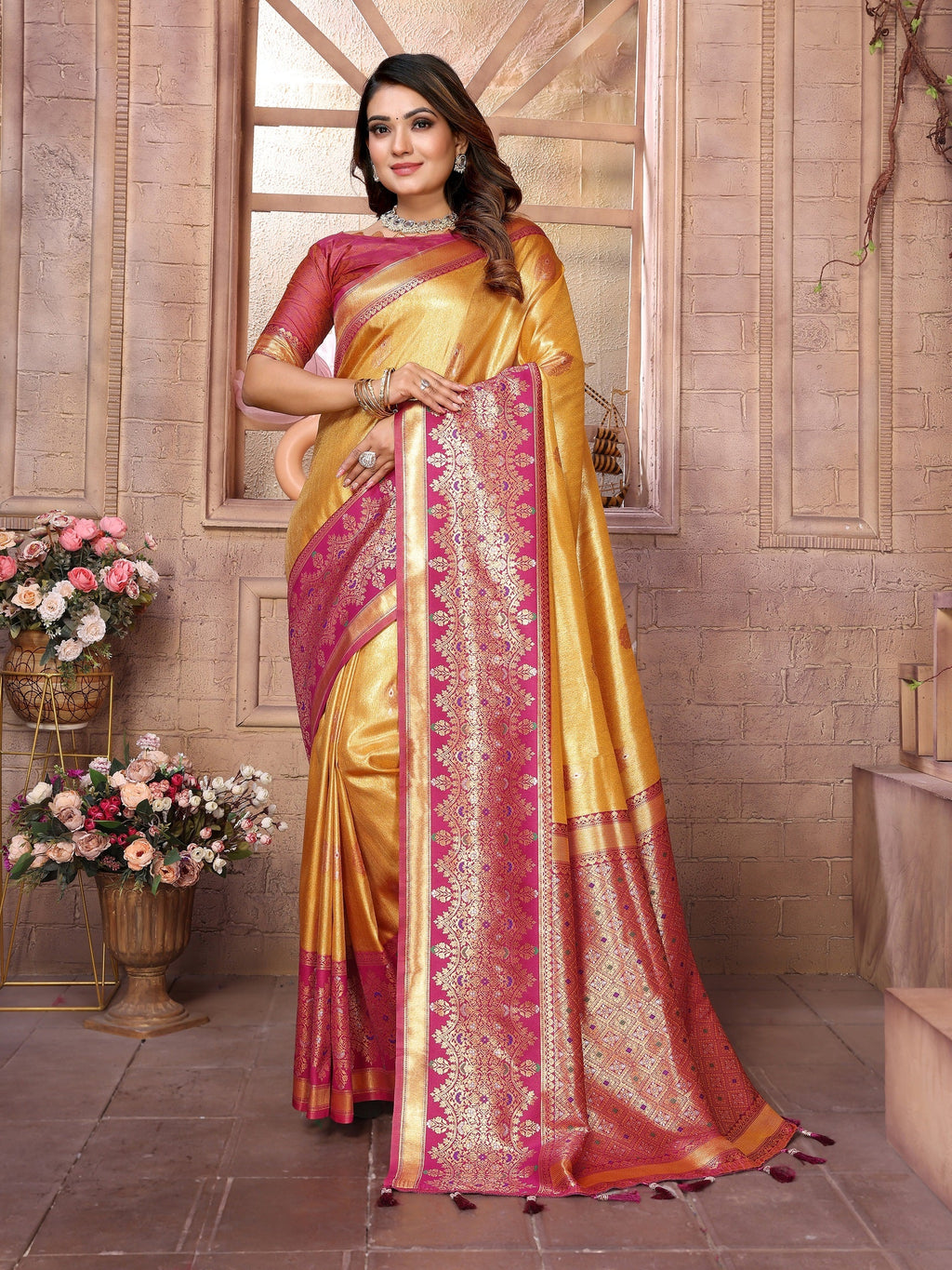 Vedant Vastram Tissue Silk Kanjeevaram Silk Saree - Mustard