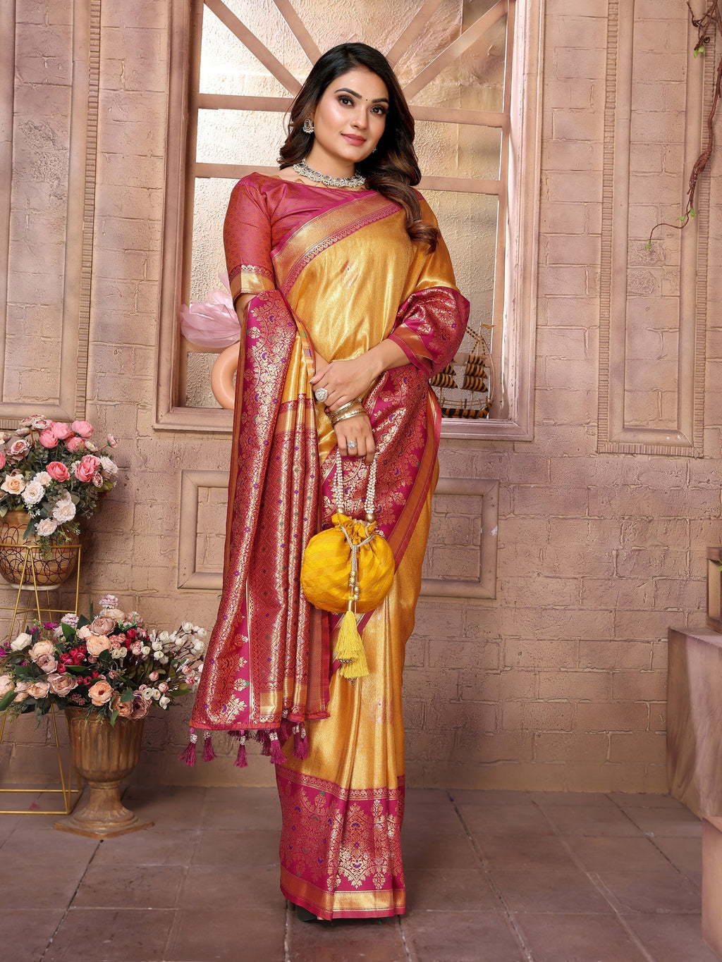 Vedant Vastram Tissue Silk Kanjeevaram Silk Saree - Mustard