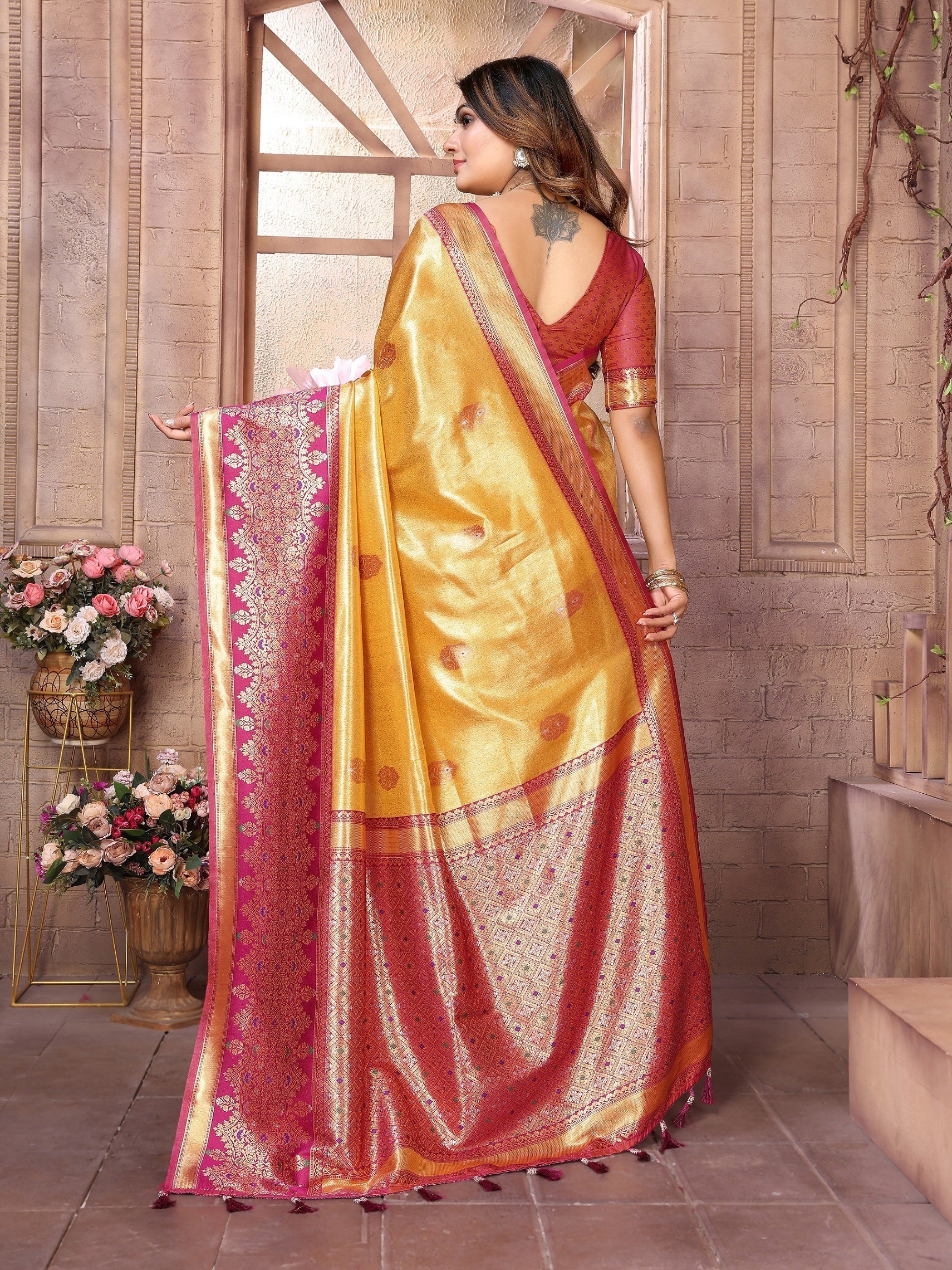 Vedant Vastram Tissue Silk Kanjeevaram Silk Saree - Mustard