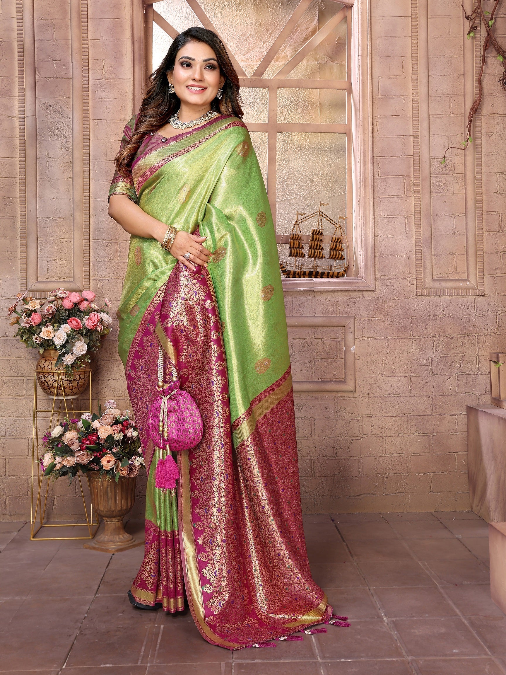 Vedant Vastram Tissue Silk Kanjeevaram Silk Saree - Parrot