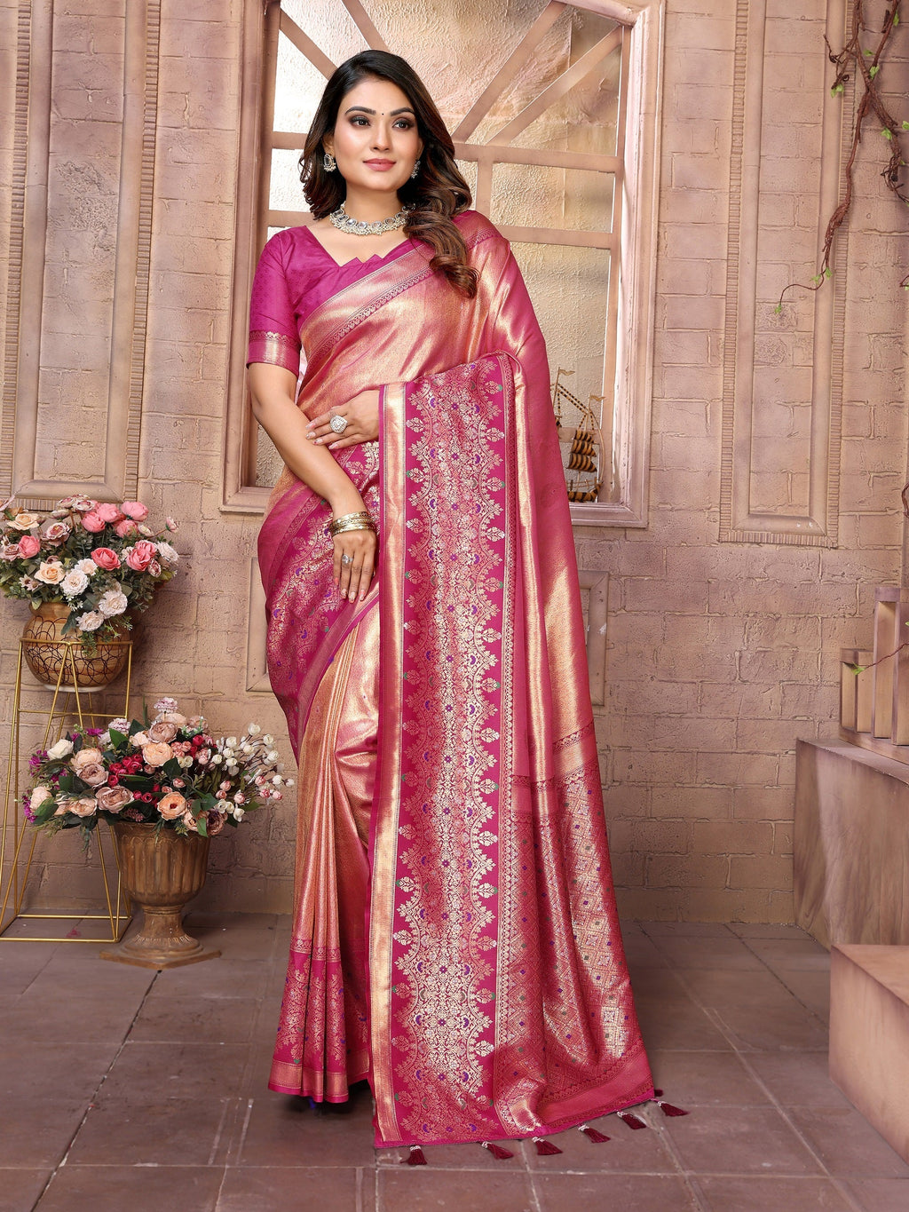 Vedant Vastram Tissue Silk Kanjeevaram Silk Saree - Pink