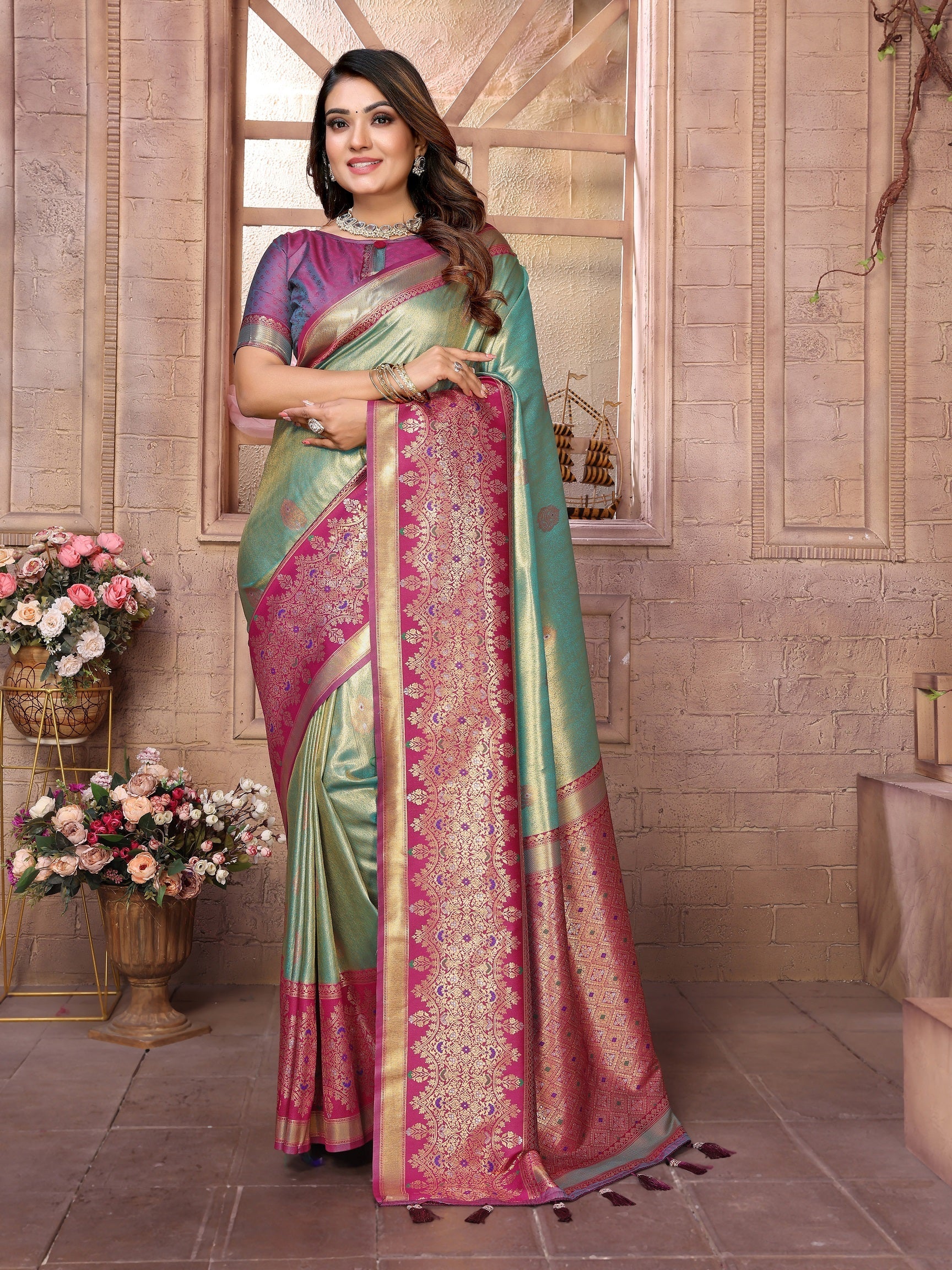 Vedant Vastram Tissue Silk Kanjeevaram Silk Saree - Pista