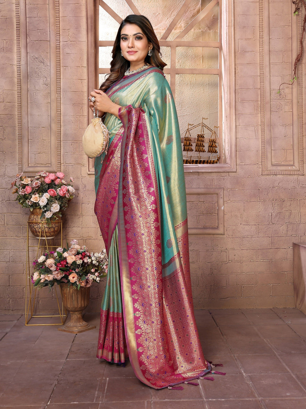 Vedant Vastram Tissue Silk Kanjeevaram Silk Saree - Pista