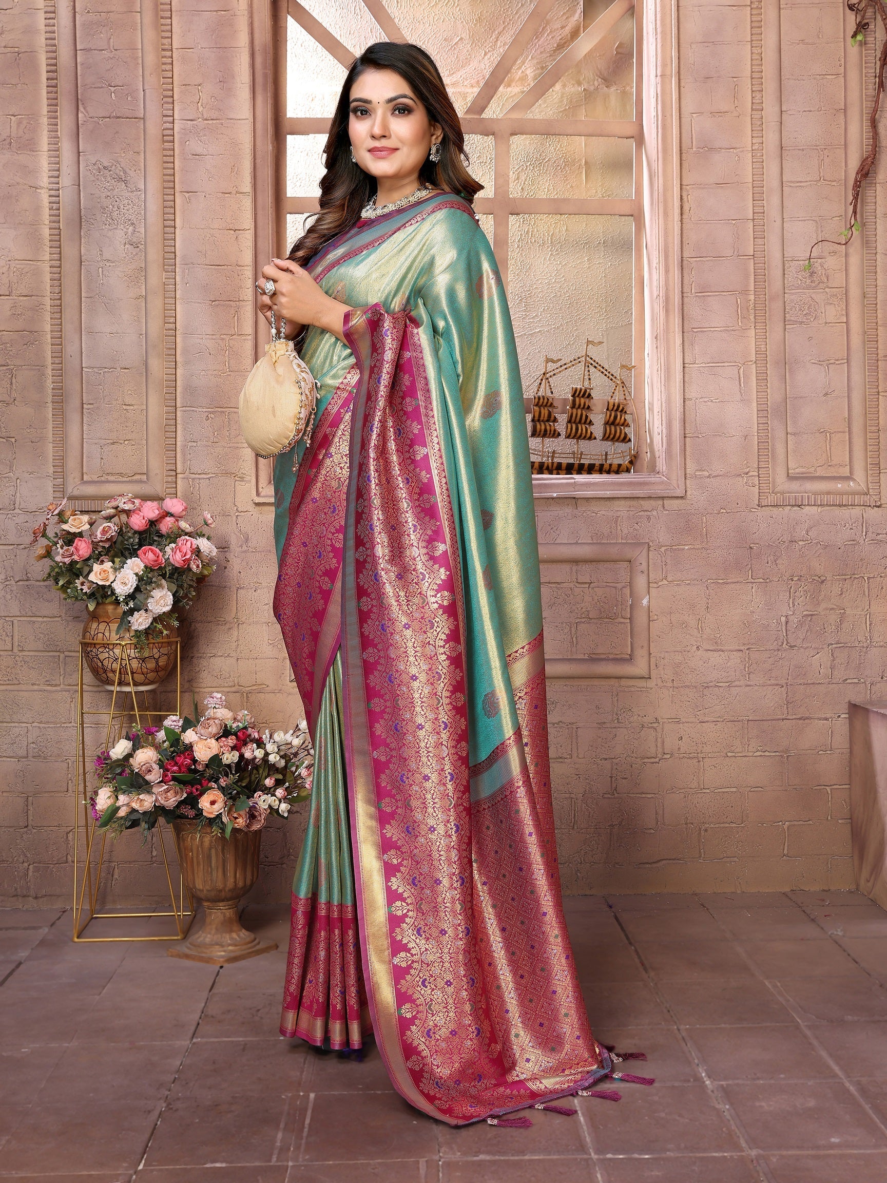 Vedant Vastram Tissue Silk Kanjeevaram Silk Saree - Pista