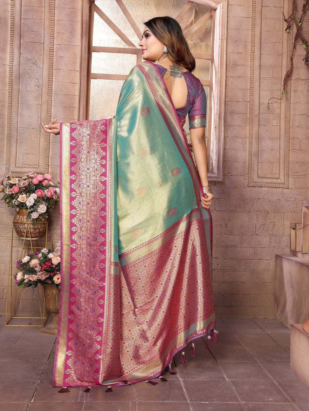 Vedant Vastram Tissue Silk Kanjeevaram Silk Saree - Pista