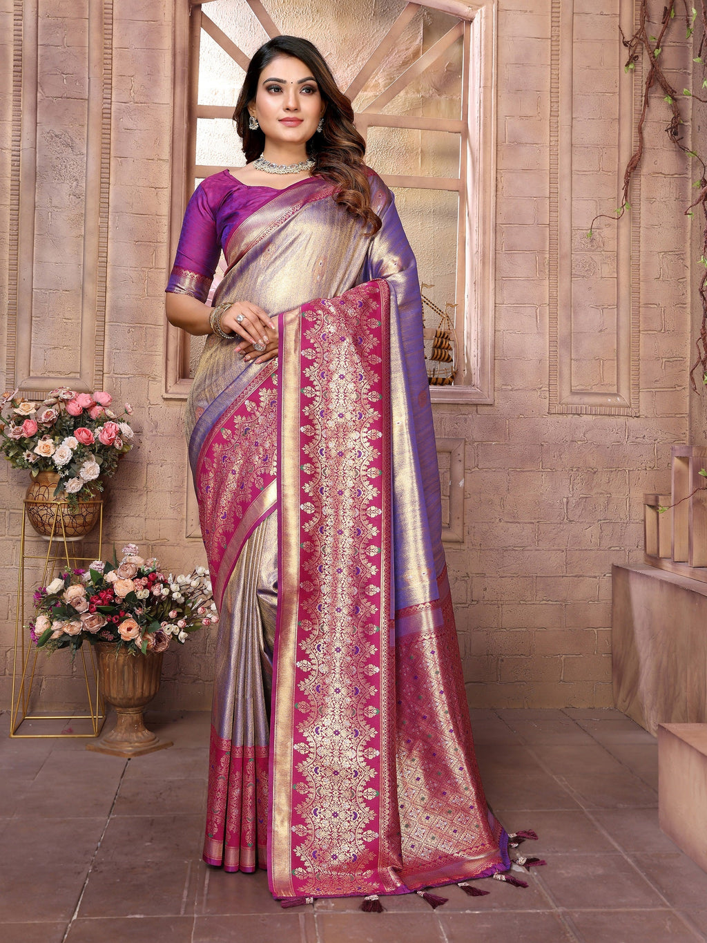 Vedant Vastram Tissue Silk Kanjeevaram Silk Saree - Sky Blue