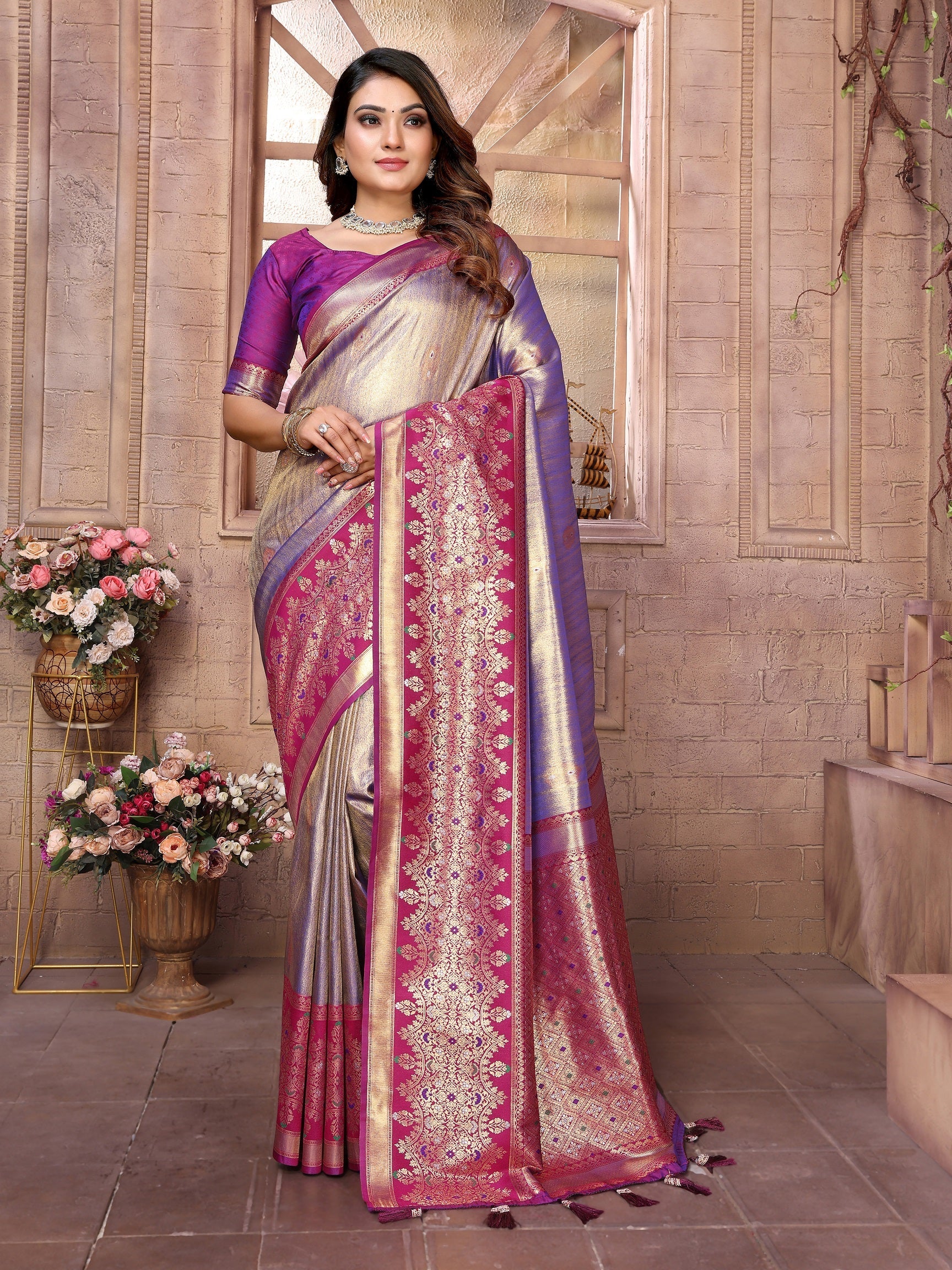 Vedant Vastram Tissue Silk Kanjeevaram Silk Saree - Sky Blue