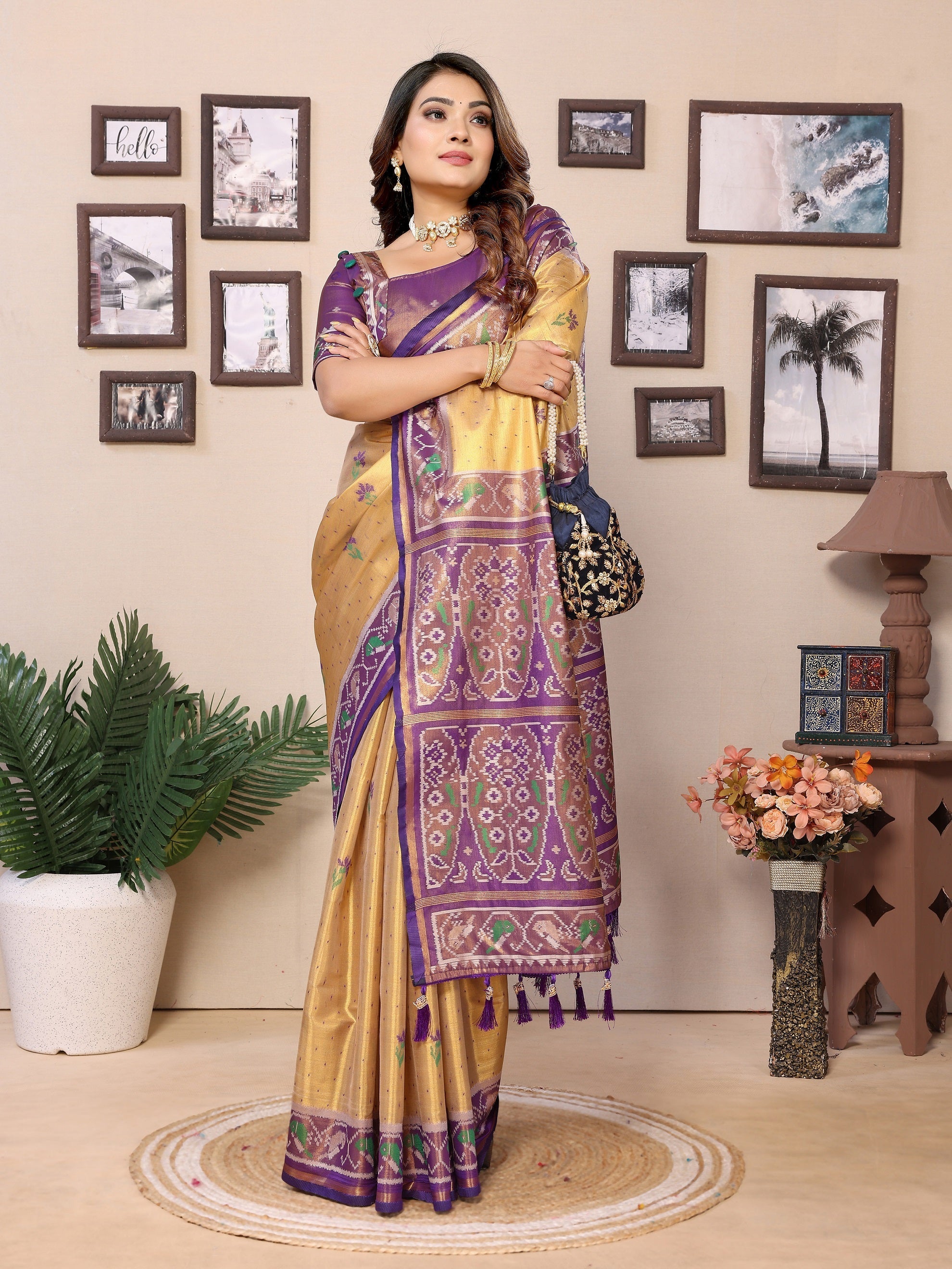 Vedant Vastram Tissue Silk Patola Design Kanjeevaram Silk Saree - Beige