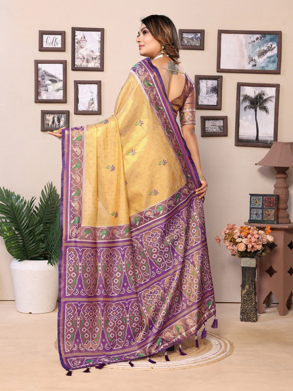 Vedant Vastram Tissue Silk Patola Design Kanjeevaram Silk Saree - Beige