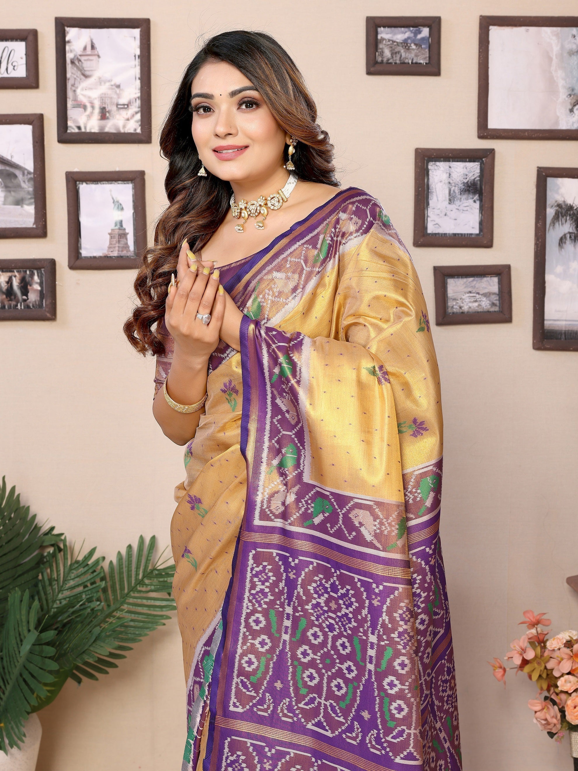Vedant Vastram Tissue Silk Patola Design Kanjeevaram Silk Saree - Beige
