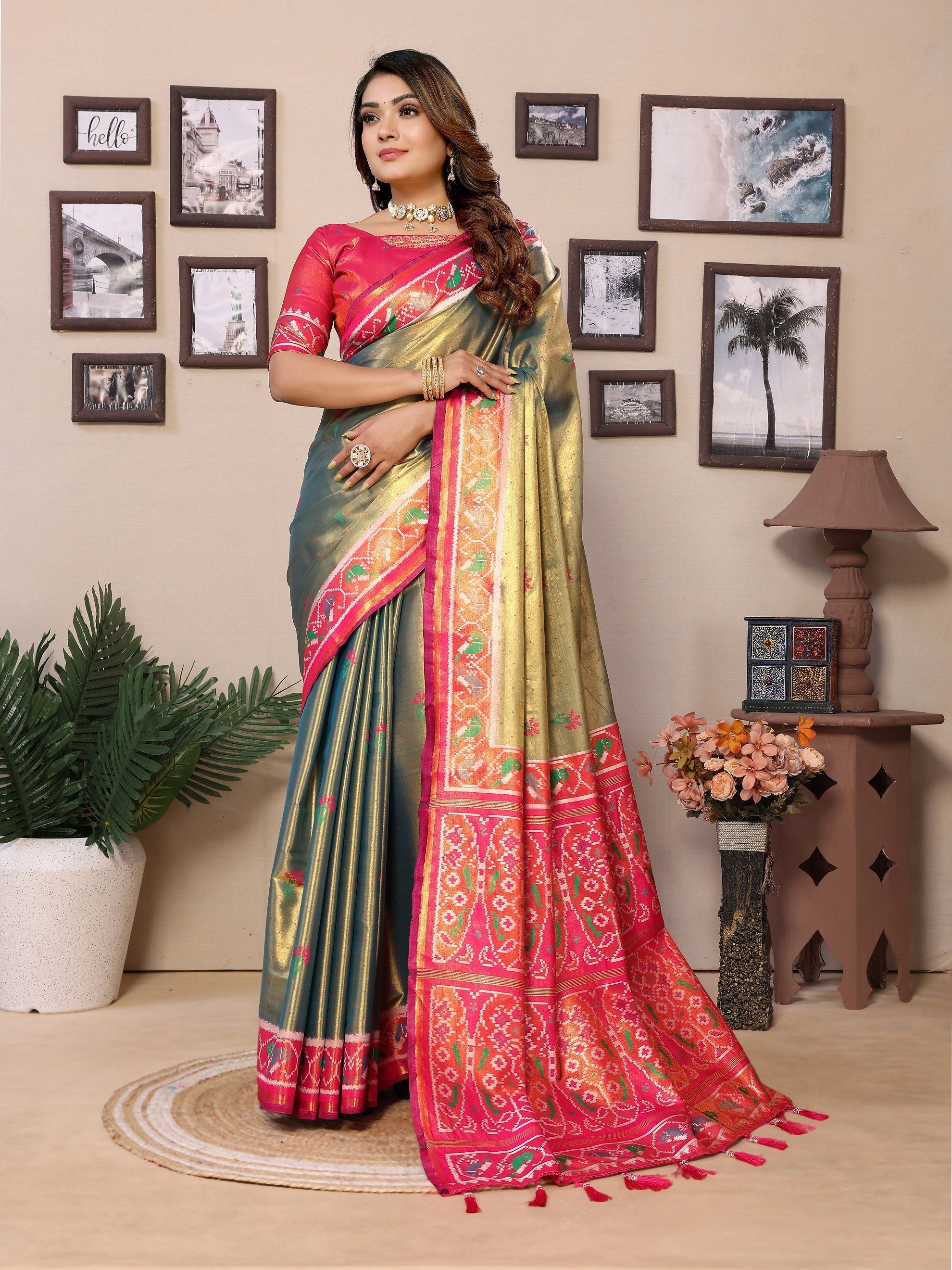 Vedant Vastram Tissue Silk Patola Design Kanjeevaram Silk Saree - Mahendi