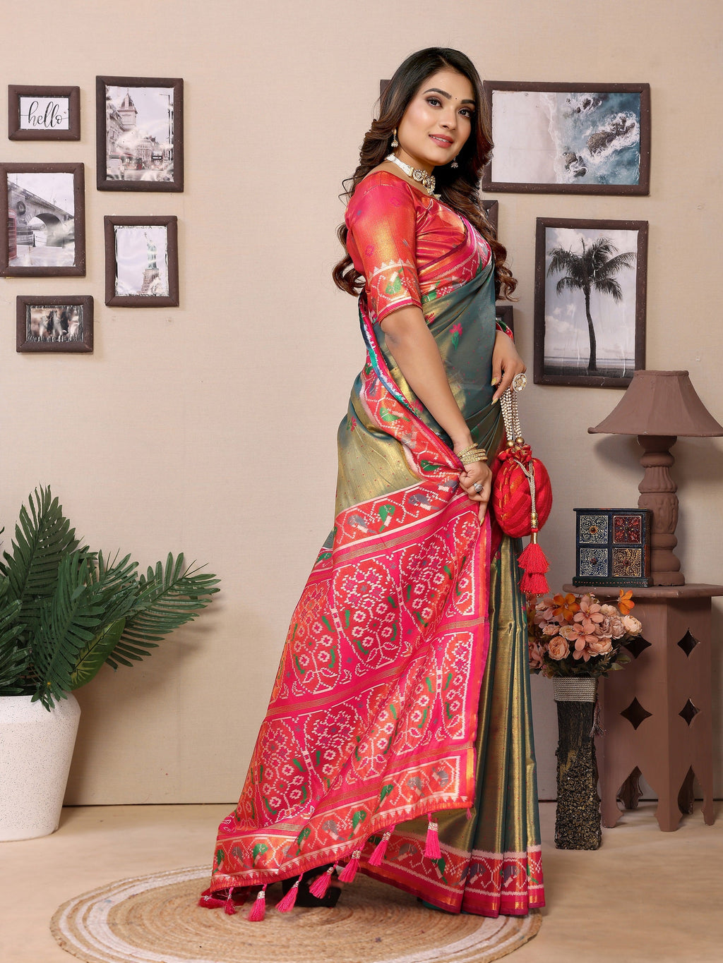 Vedant Vastram Tissue Silk Patola Design Kanjeevaram Silk Saree - Mahendi