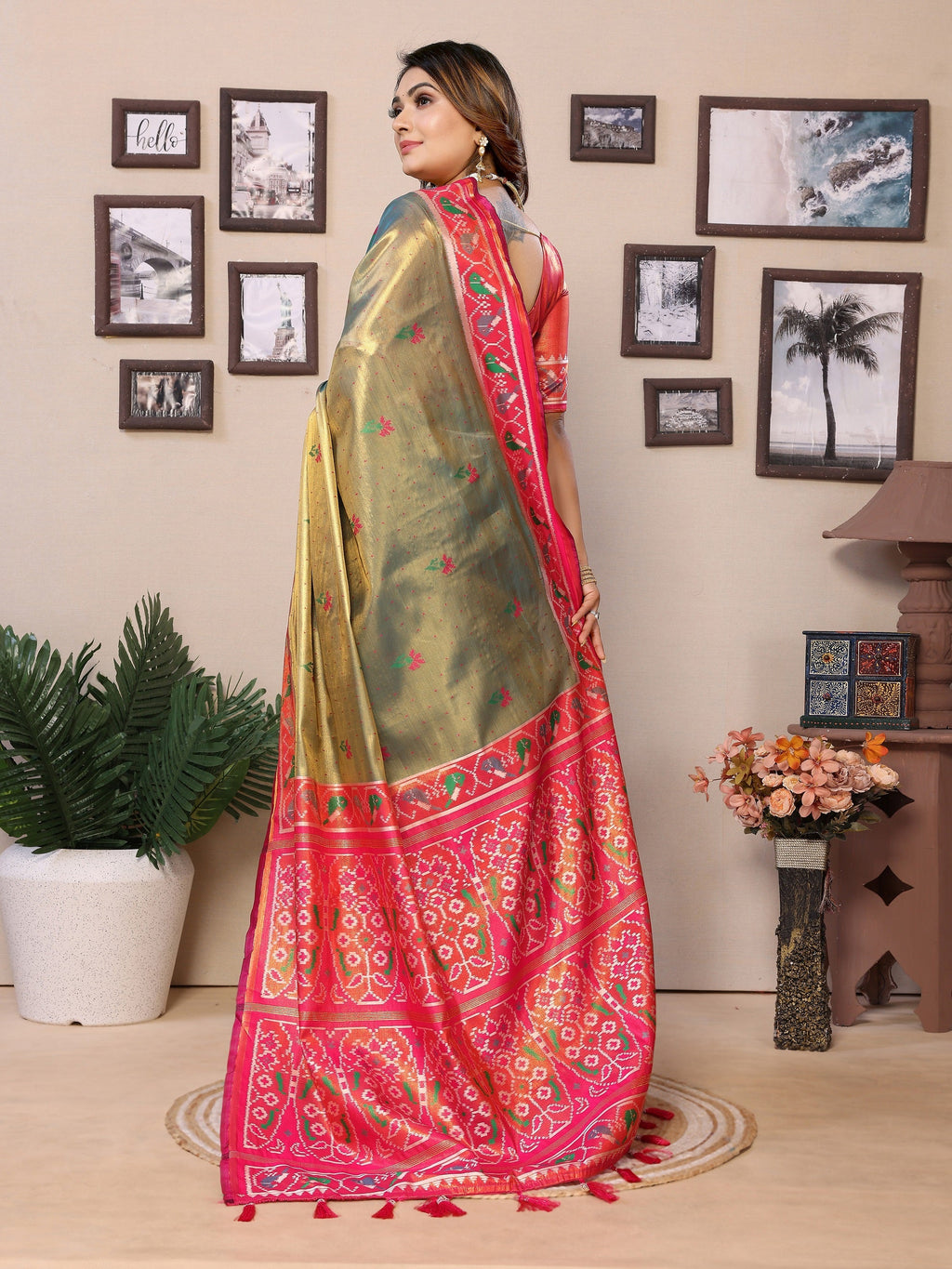 Vedant Vastram Tissue Silk Patola Design Kanjeevaram Silk Saree - Mahendi