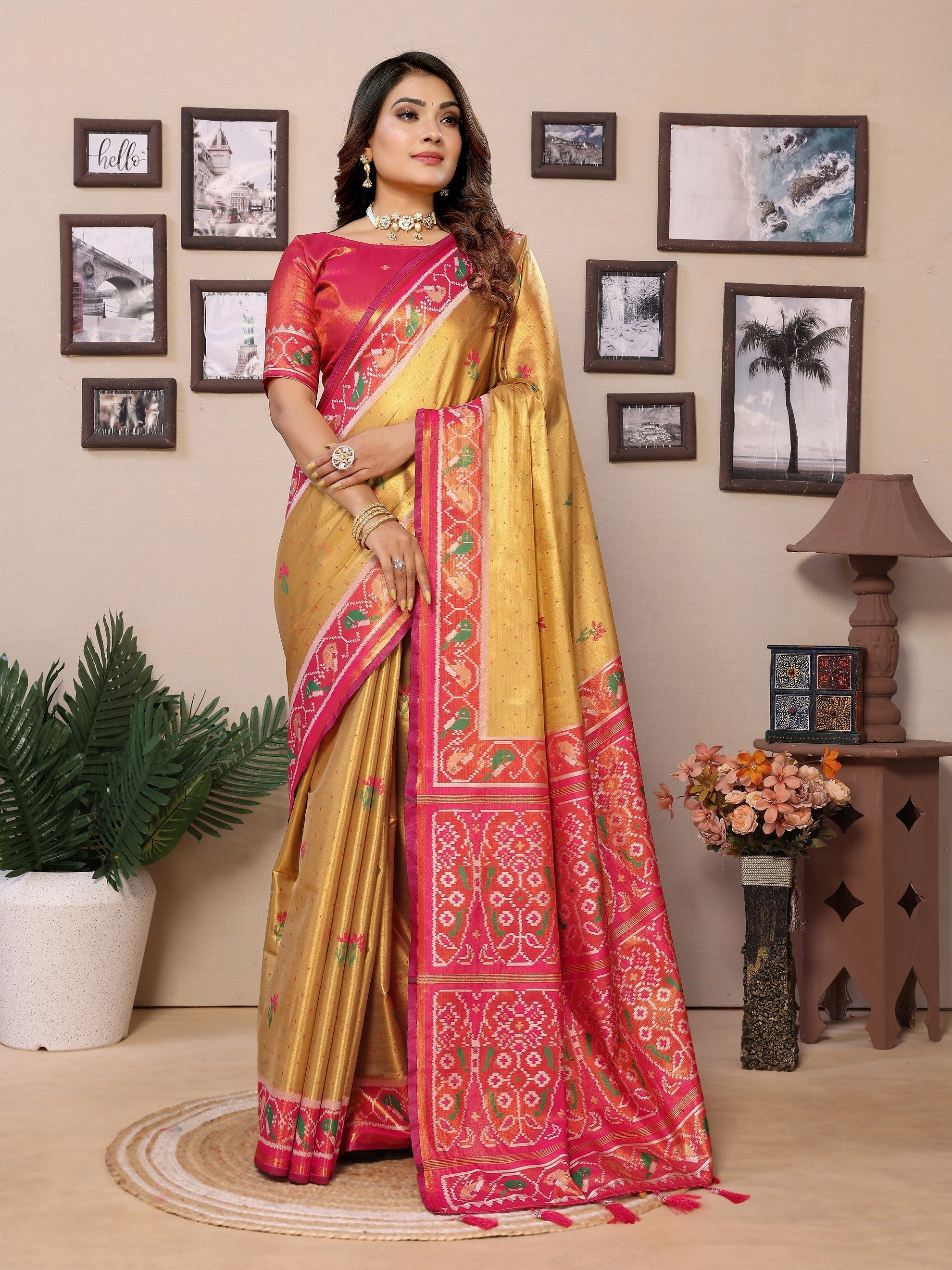 Vedant Vastram Tissue Silk Patola Design Kanjeevaram Silk Saree - Mustard