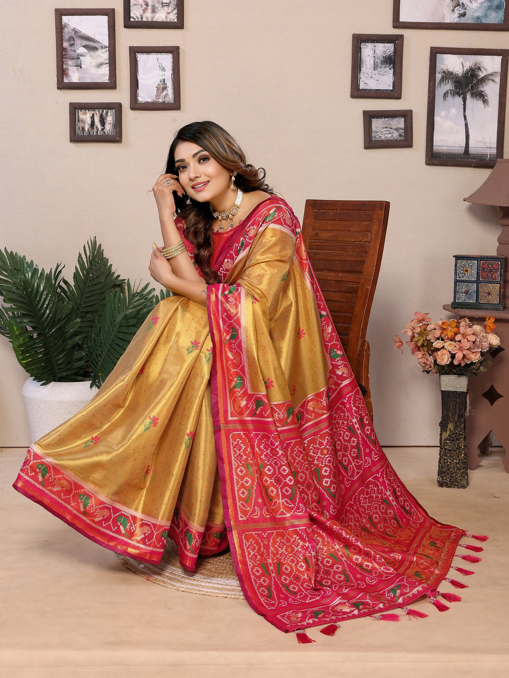 Vedant Vastram Tissue Silk Patola Design Kanjeevaram Silk Saree - Mustard
