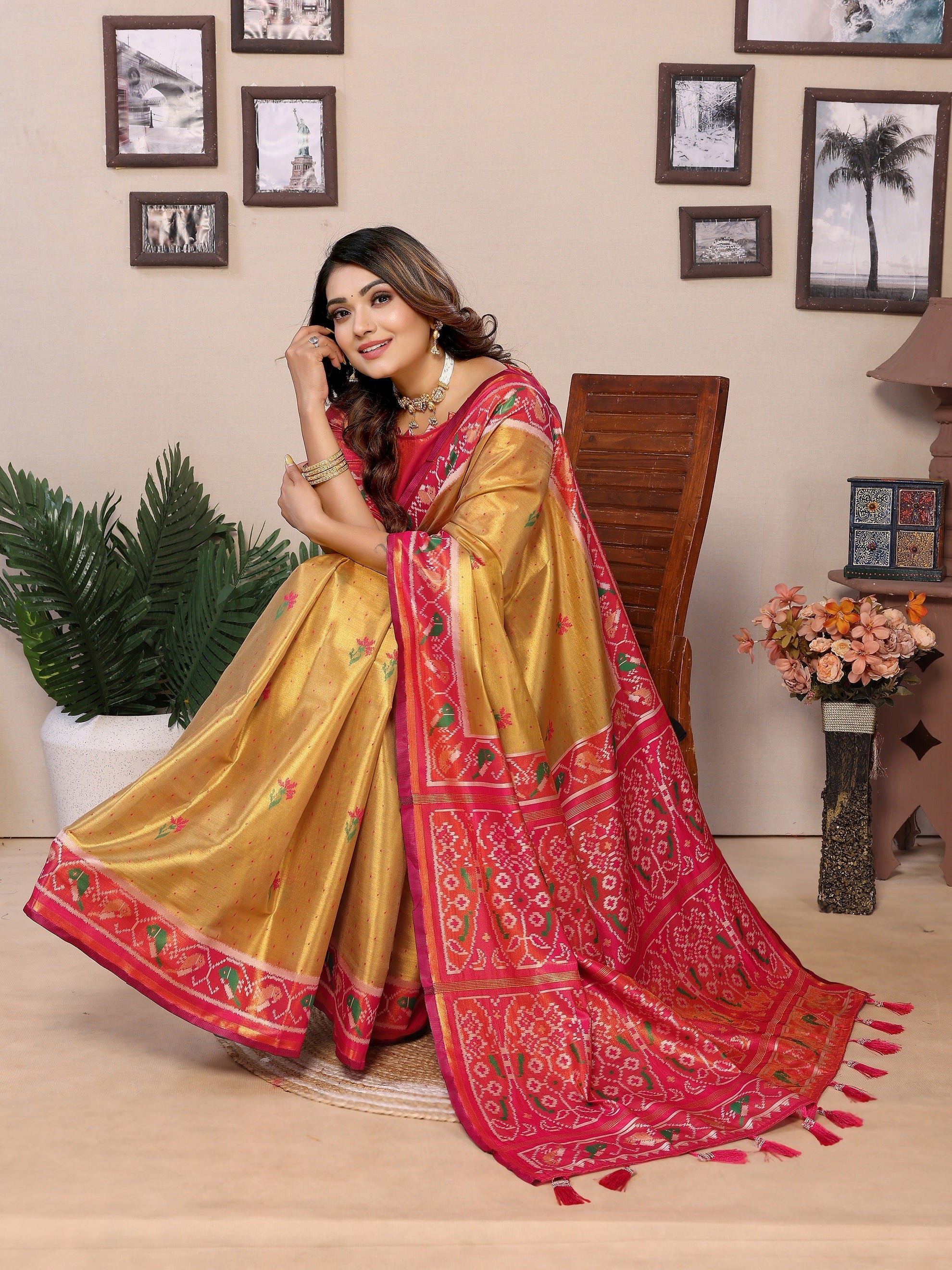Vedant Vastram Tissue Silk Patola Design Kanjeevaram Silk Saree - Mustard