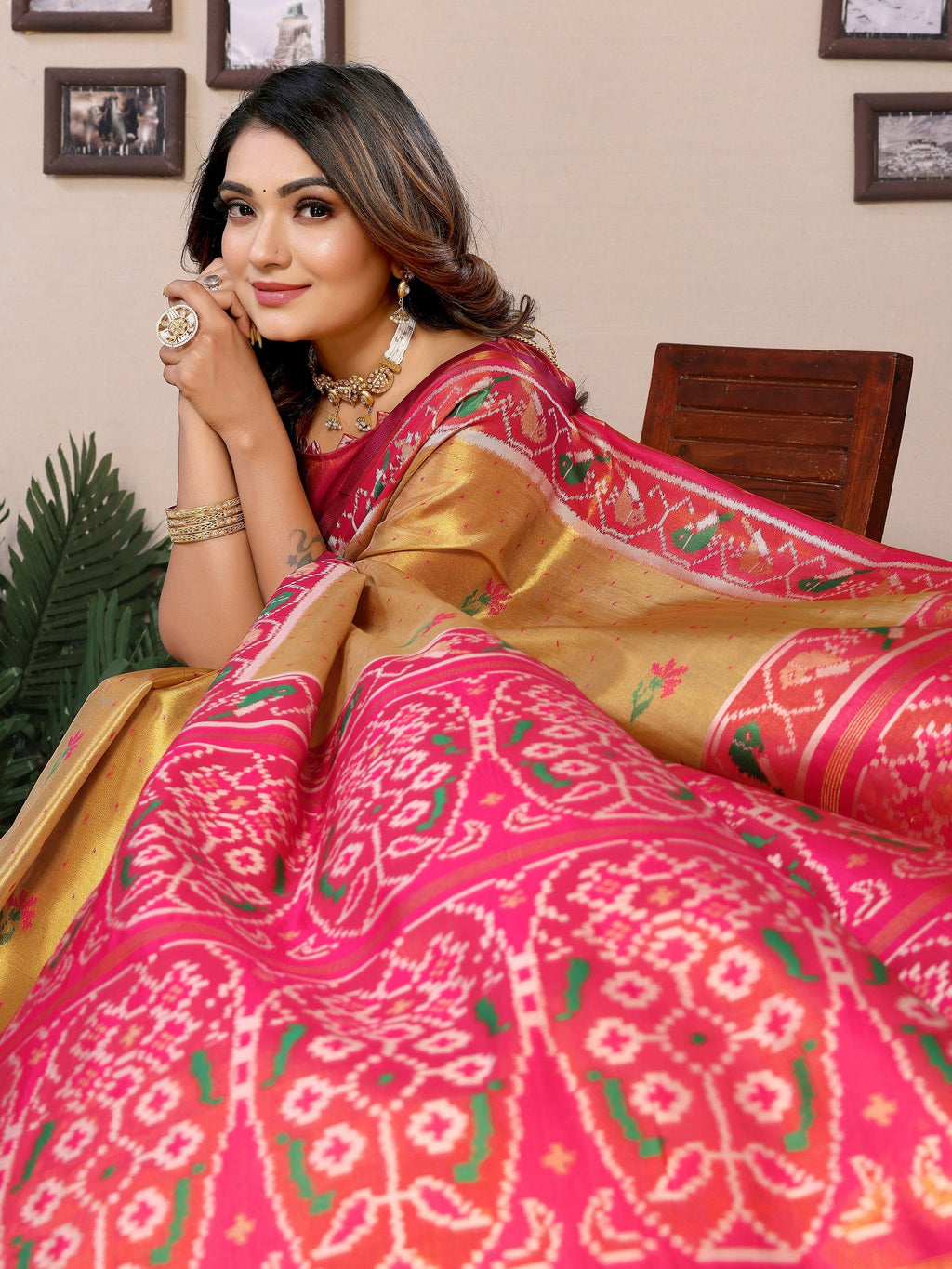 Vedant Vastram Tissue Silk Patola Design Kanjeevaram Silk Saree - Mustard