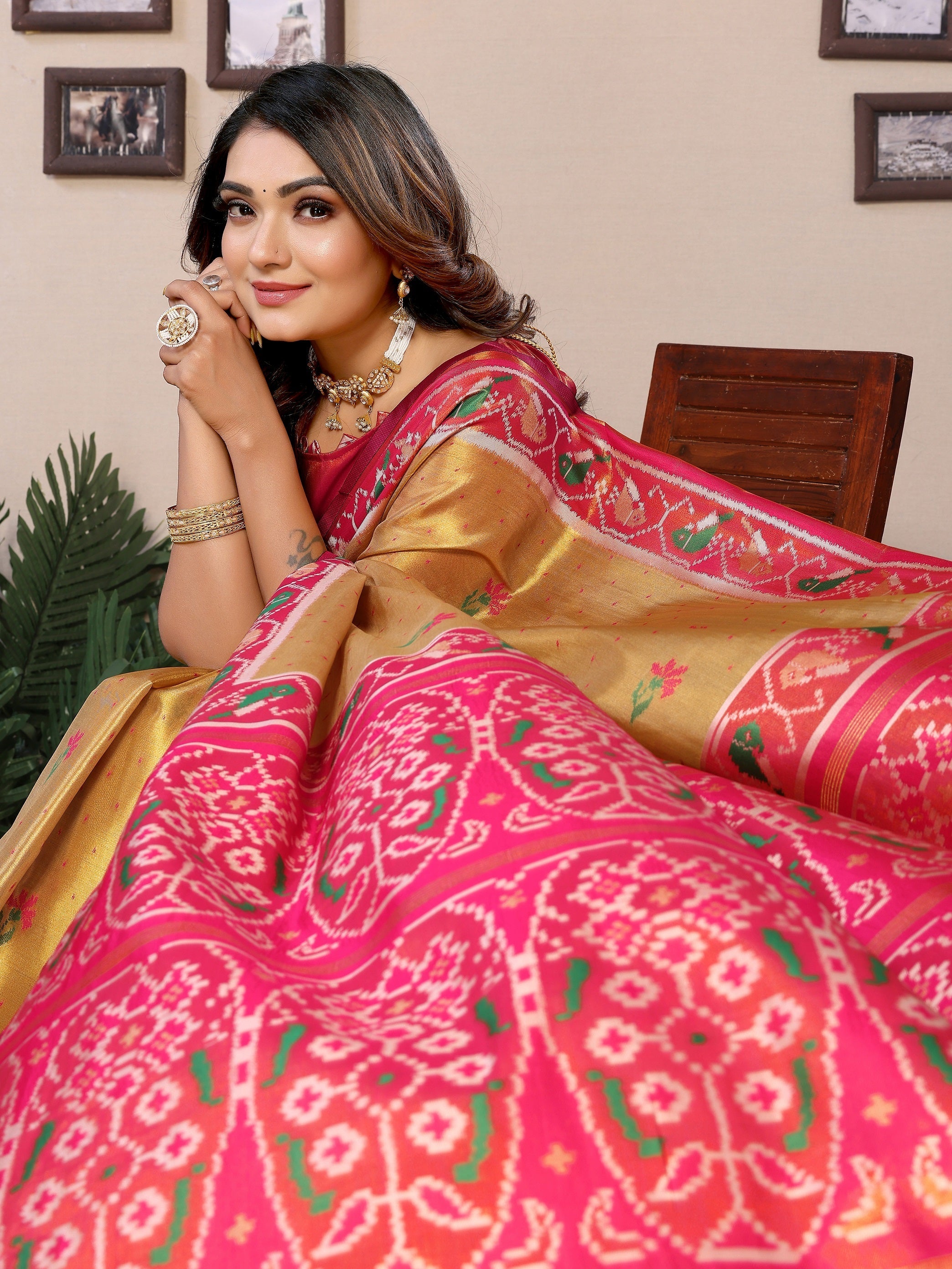 Vedant Vastram Tissue Silk Patola Design Kanjeevaram Silk Saree - Mustard