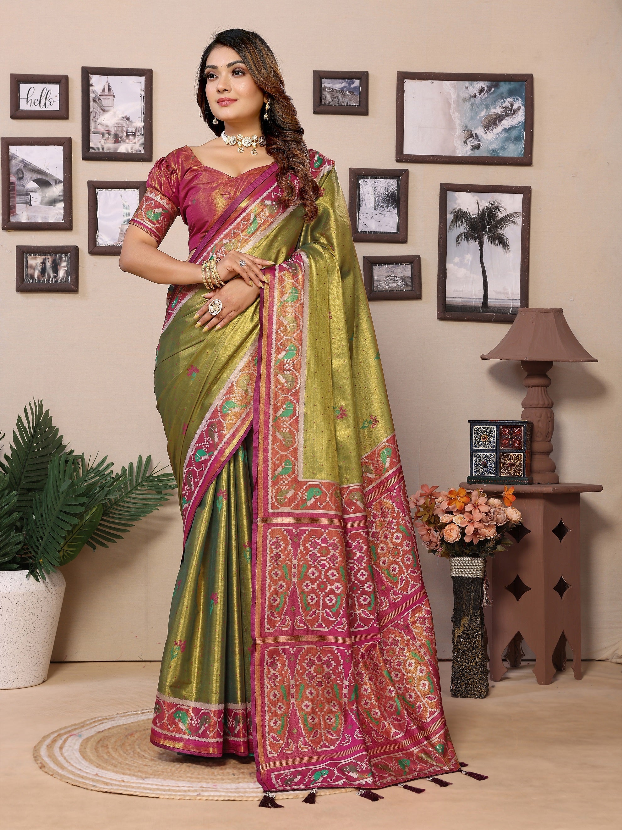Vedant Vastram Tissue Silk Patola Design Kanjeevaram Silk Saree - Olive