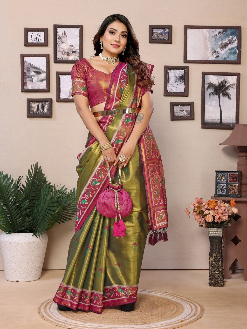Vedant Vastram Tissue Silk Patola Design Kanjeevaram Silk Saree - Olive