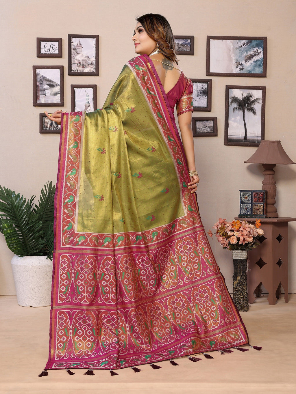 Vedant Vastram Tissue Silk Patola Design Kanjeevaram Silk Saree - Olive