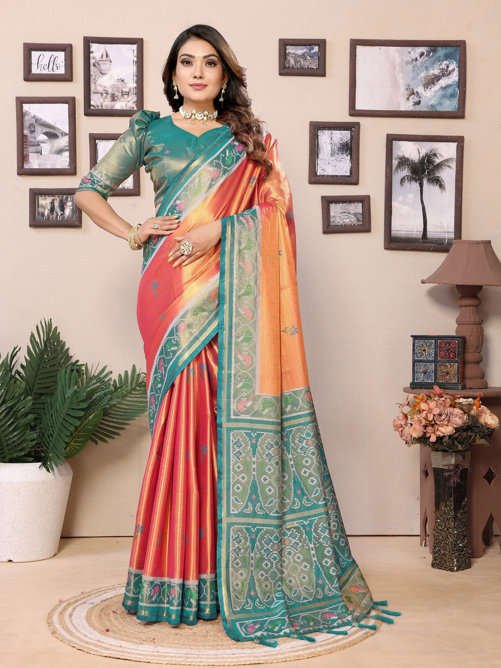 Vedant Vastram Tissue Silk Patola Design Kanjeevaram Silk Saree - Orange