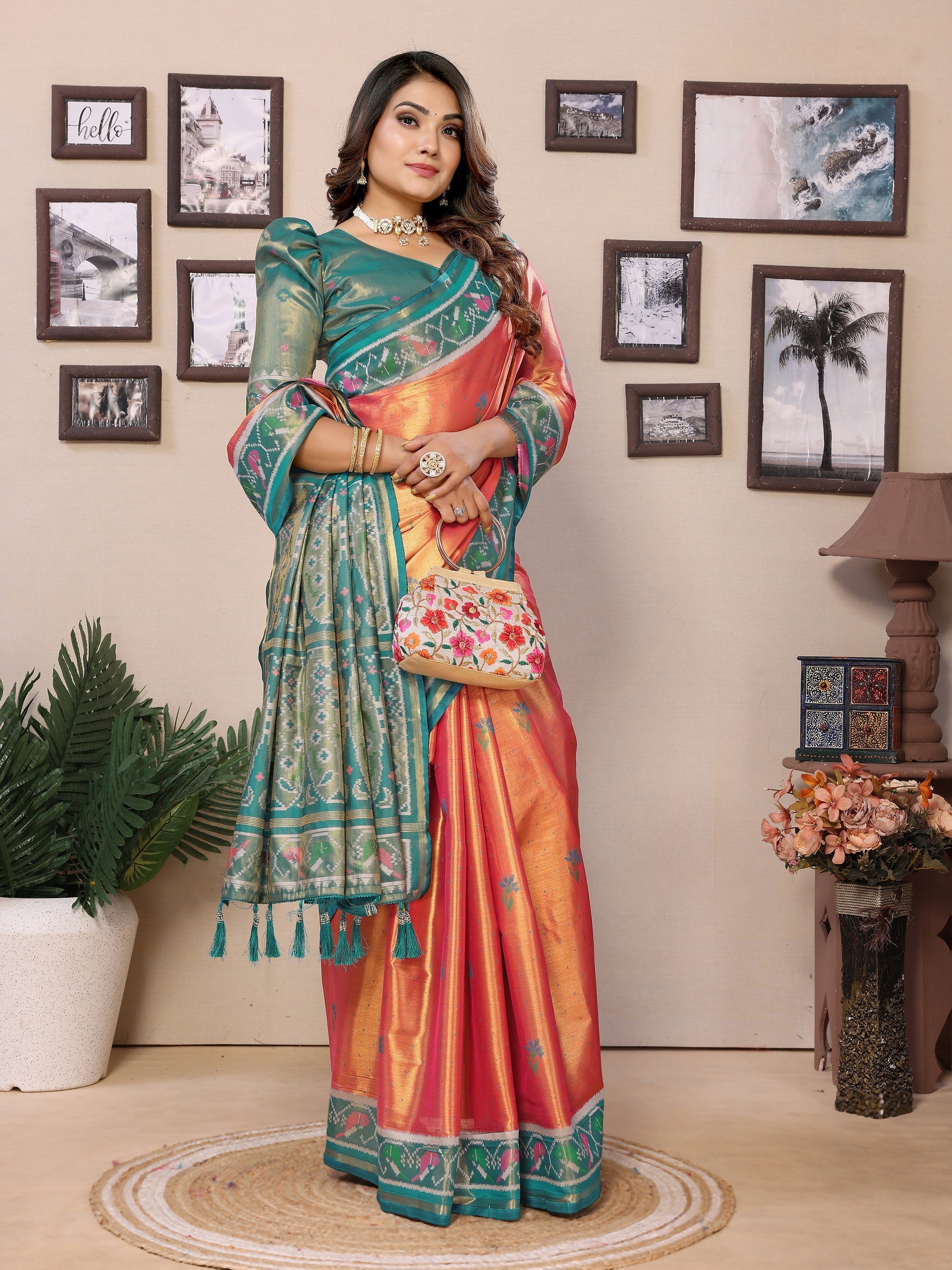 Vedant Vastram Tissue Silk Patola Design Kanjeevaram Silk Saree - Orange