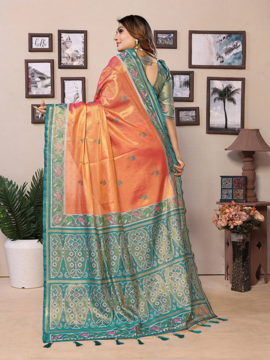 Vedant Vastram Tissue Silk Patola Design Kanjeevaram Silk Saree - Orange