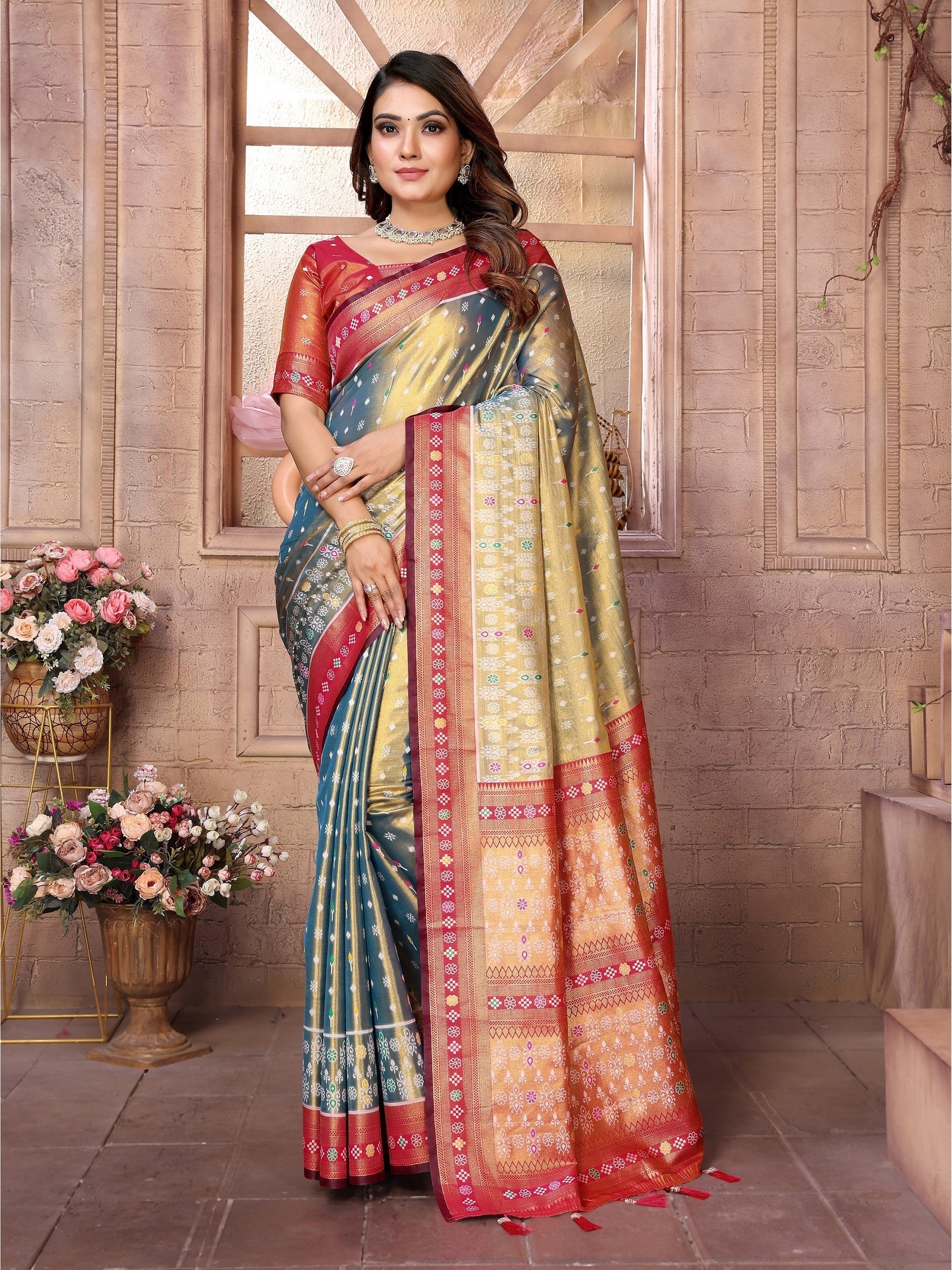 Vedant Vastram Tissue Silk Patola Design Kanjeevaram Silk Saree - Grey
