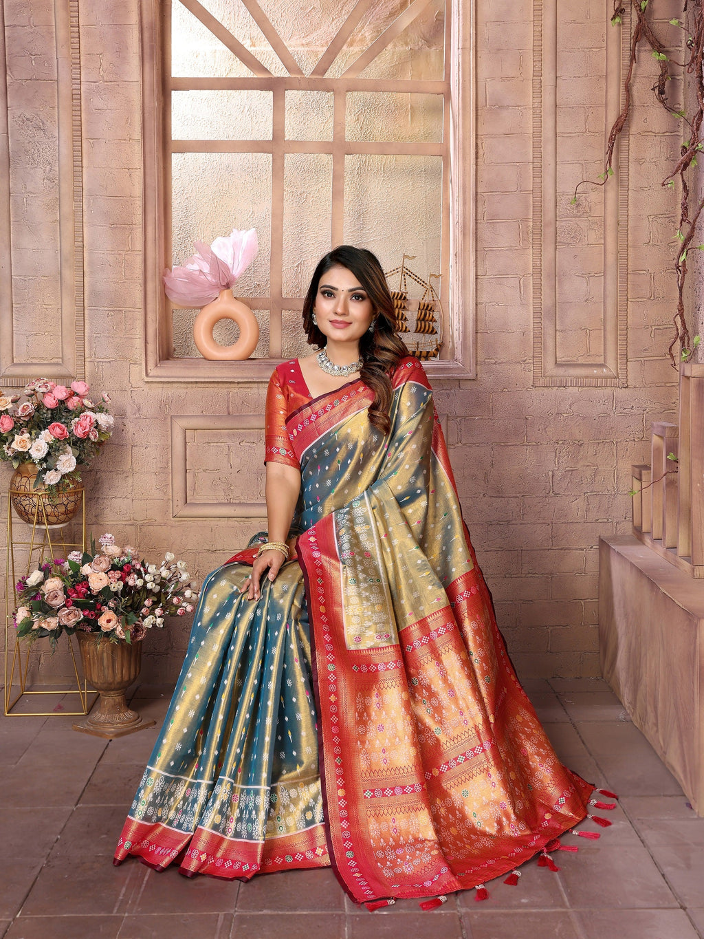 Vedant Vastram Tissue Silk Patola Design Kanjeevaram Silk Saree - Grey
