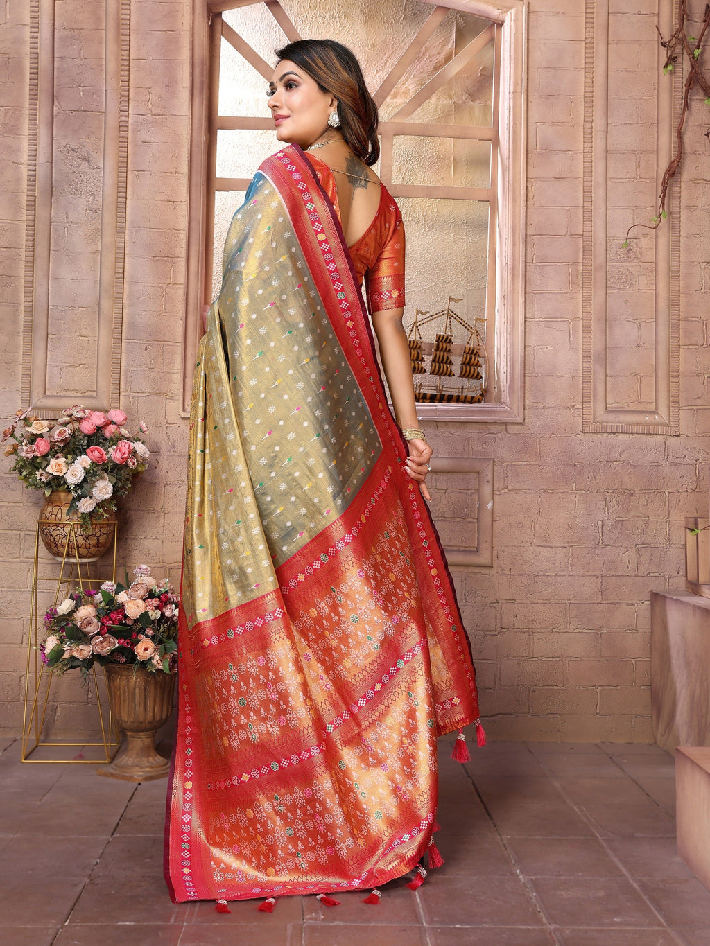 Vedant Vastram Tissue Silk Patola Design Kanjeevaram Silk Saree - Grey
