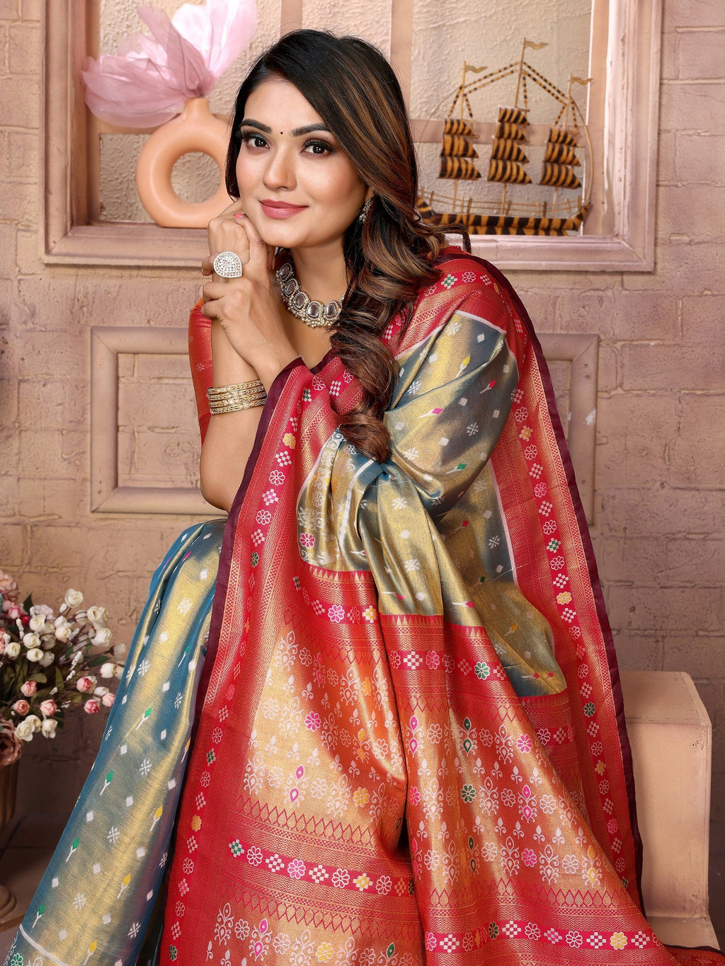 Vedant Vastram Tissue Silk Patola Design Kanjeevaram Silk Saree - Grey