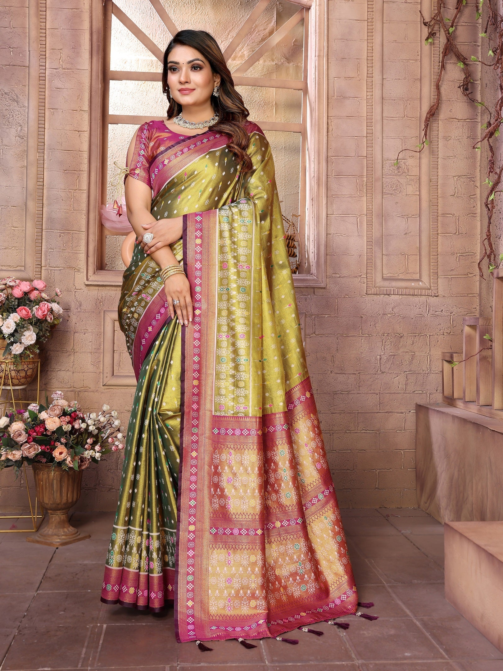 Vedant Vastram Tissue Silk Patola Design Kanjeevaram Silk Saree - Olive